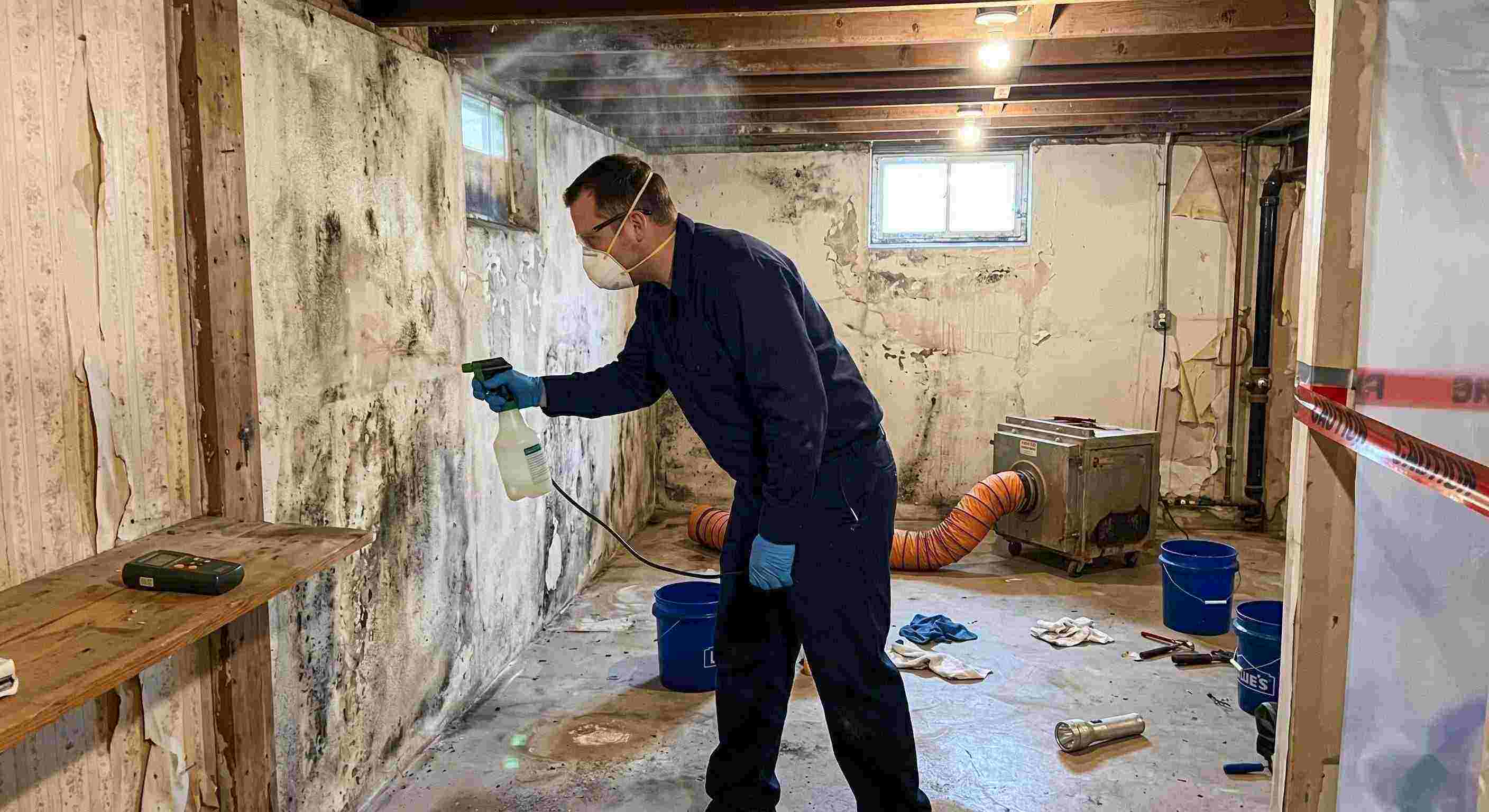Professional technician performing antimicrobial mold treatment in a damp basement during mold remediation in a home in Kettering.