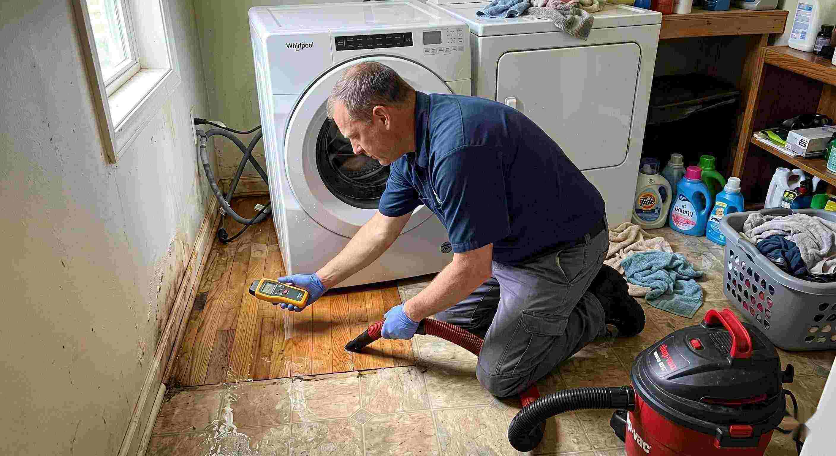 Appliance leak cleanup in a home laundry area with water pooling around the washing machine, showing technicians removing water and inspecting damp floors in Cincinnati.