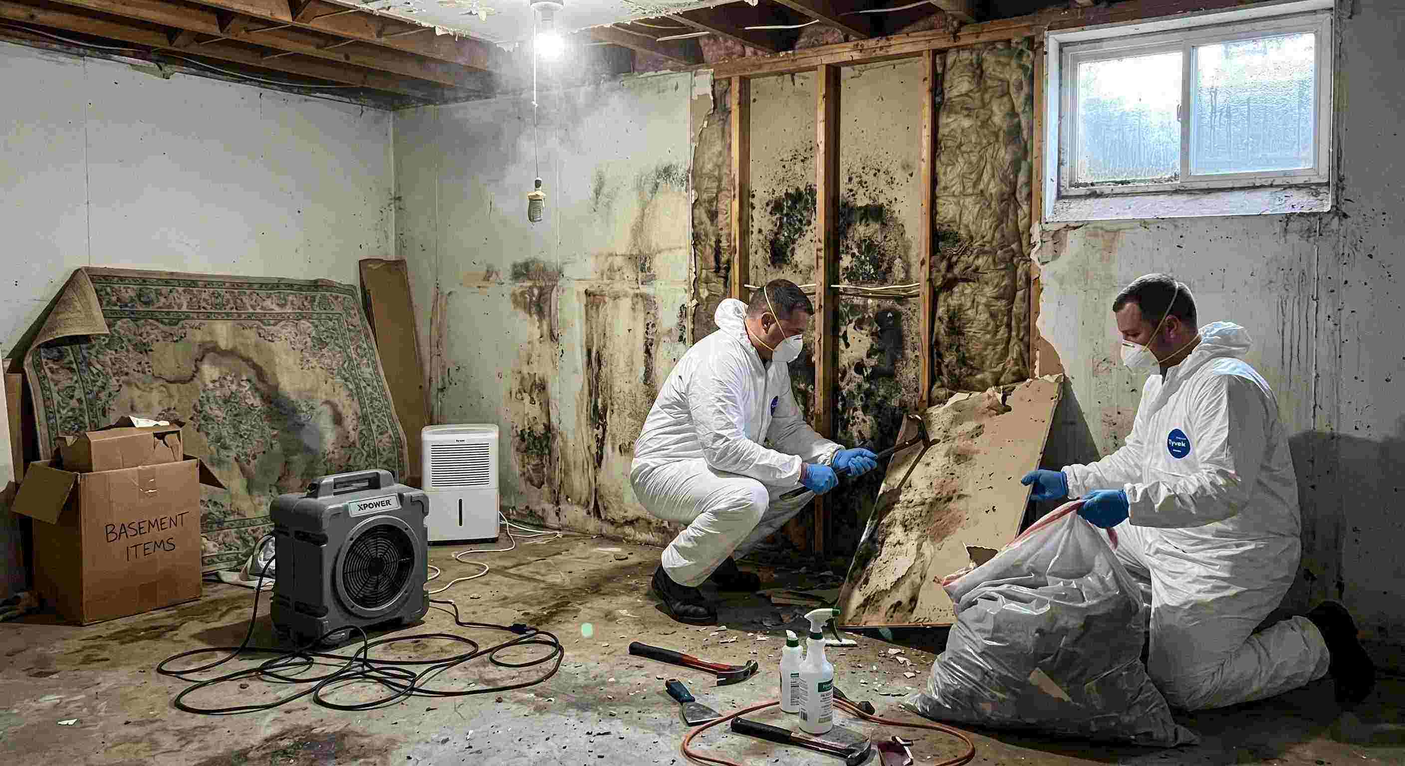 Top-rated realistic basement mold removal in a home in Kettering, showing technicians safely removing black mold and using dehumidifiers and HEPA air scrubbers.