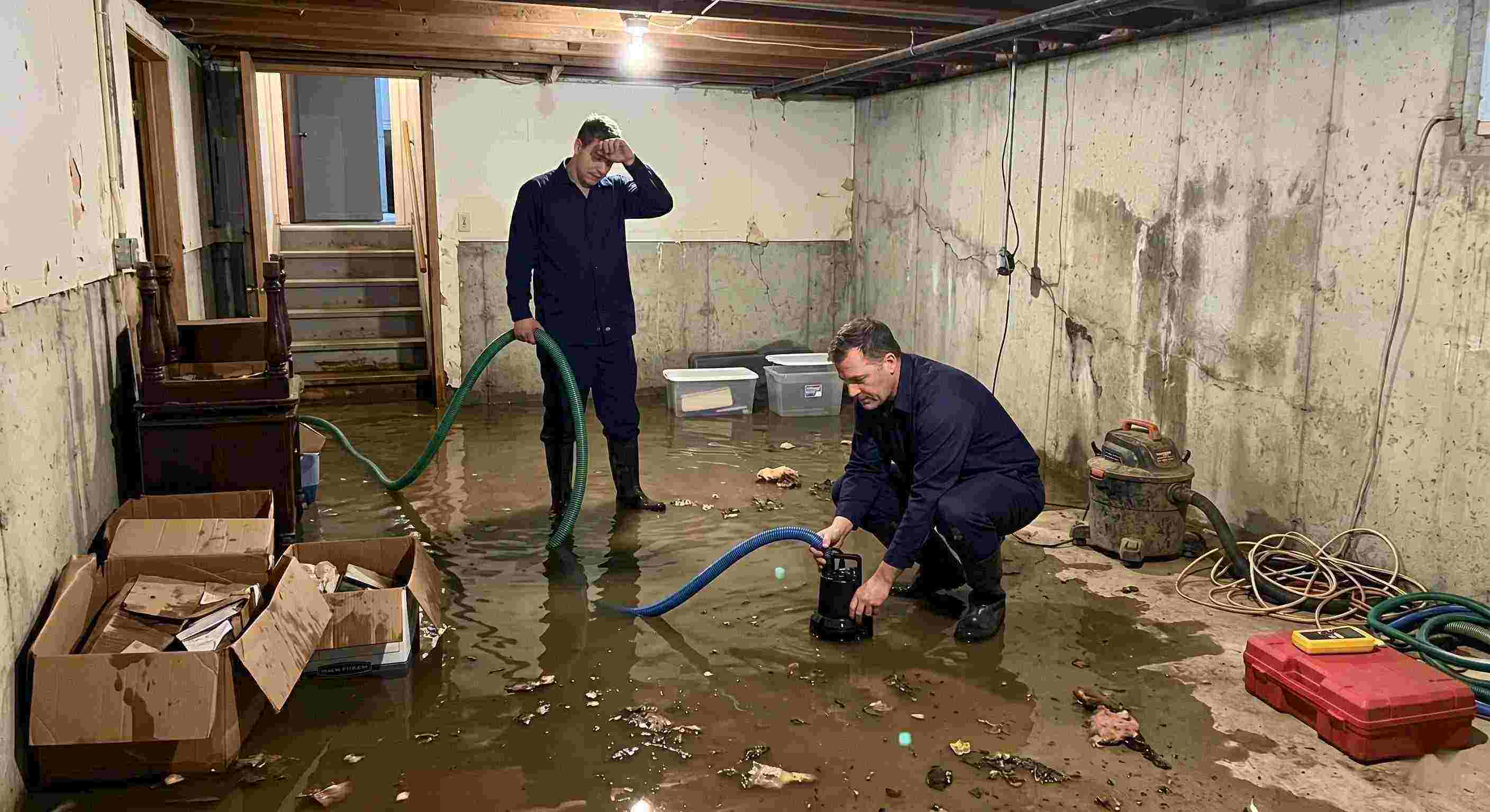 Reliable basement water removal service in Fairfield with technicians pumping out flooded basement