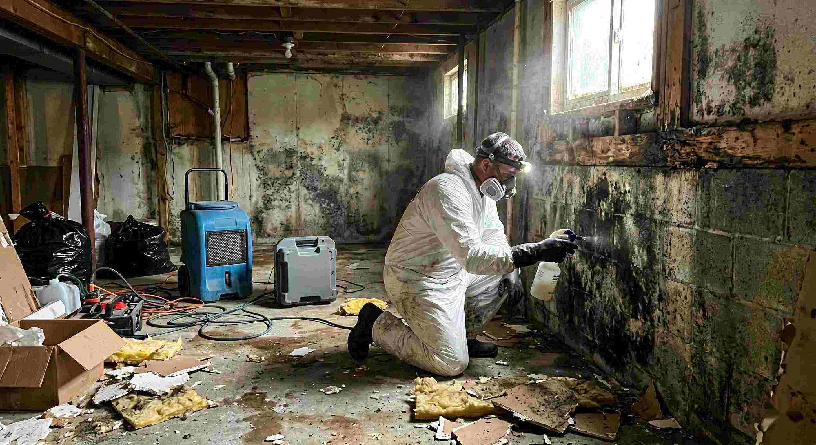 Professional technician performing black mold cleanup in a damp residential basement in Kettering, showing removed drywall, mold patches, and remediation equipment.