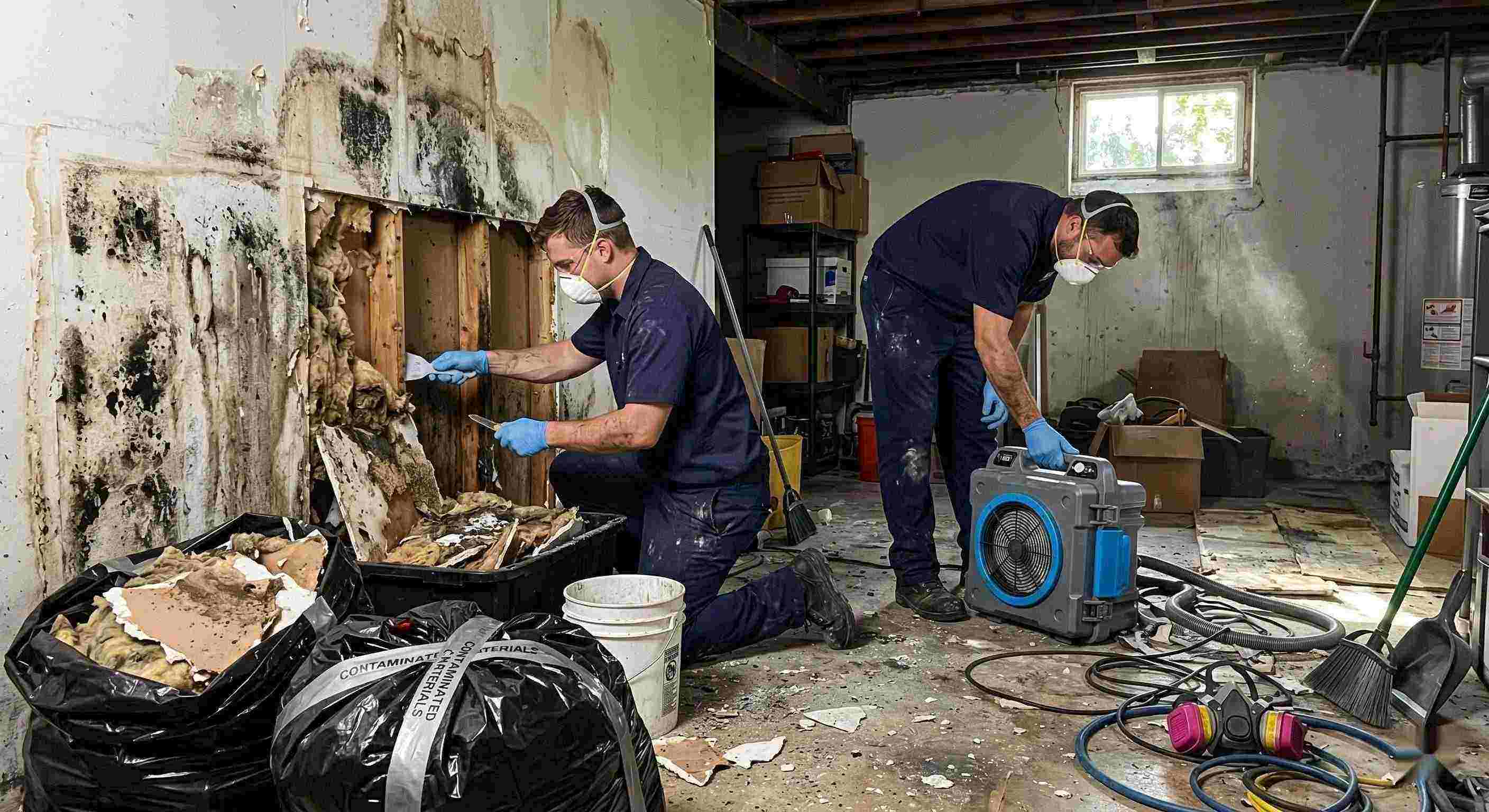 Fast technicians performing black mold cleanup in a damp residential basement in Kettering, carefully removing contaminated drywall and insulation.