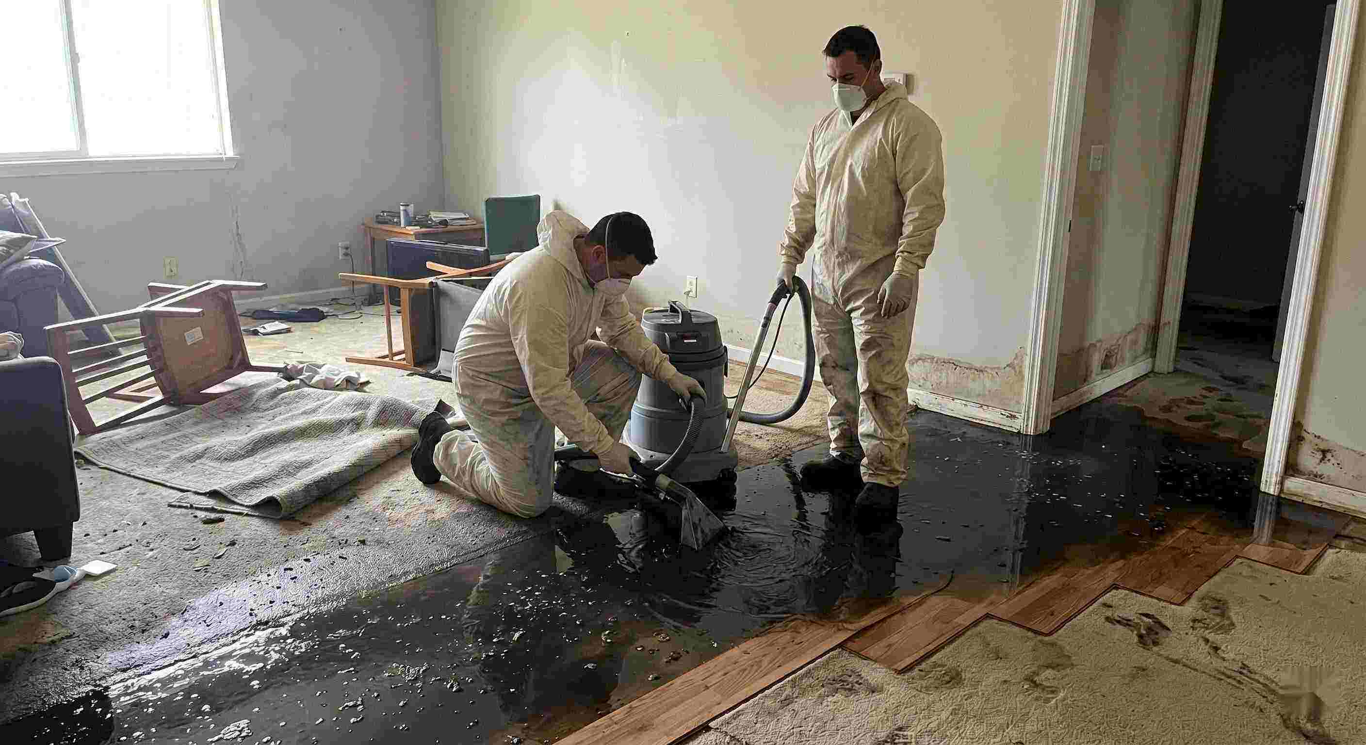 Black water removal service in Cincinnati showing technicians extracting contaminated sewage water from flooded home interior
