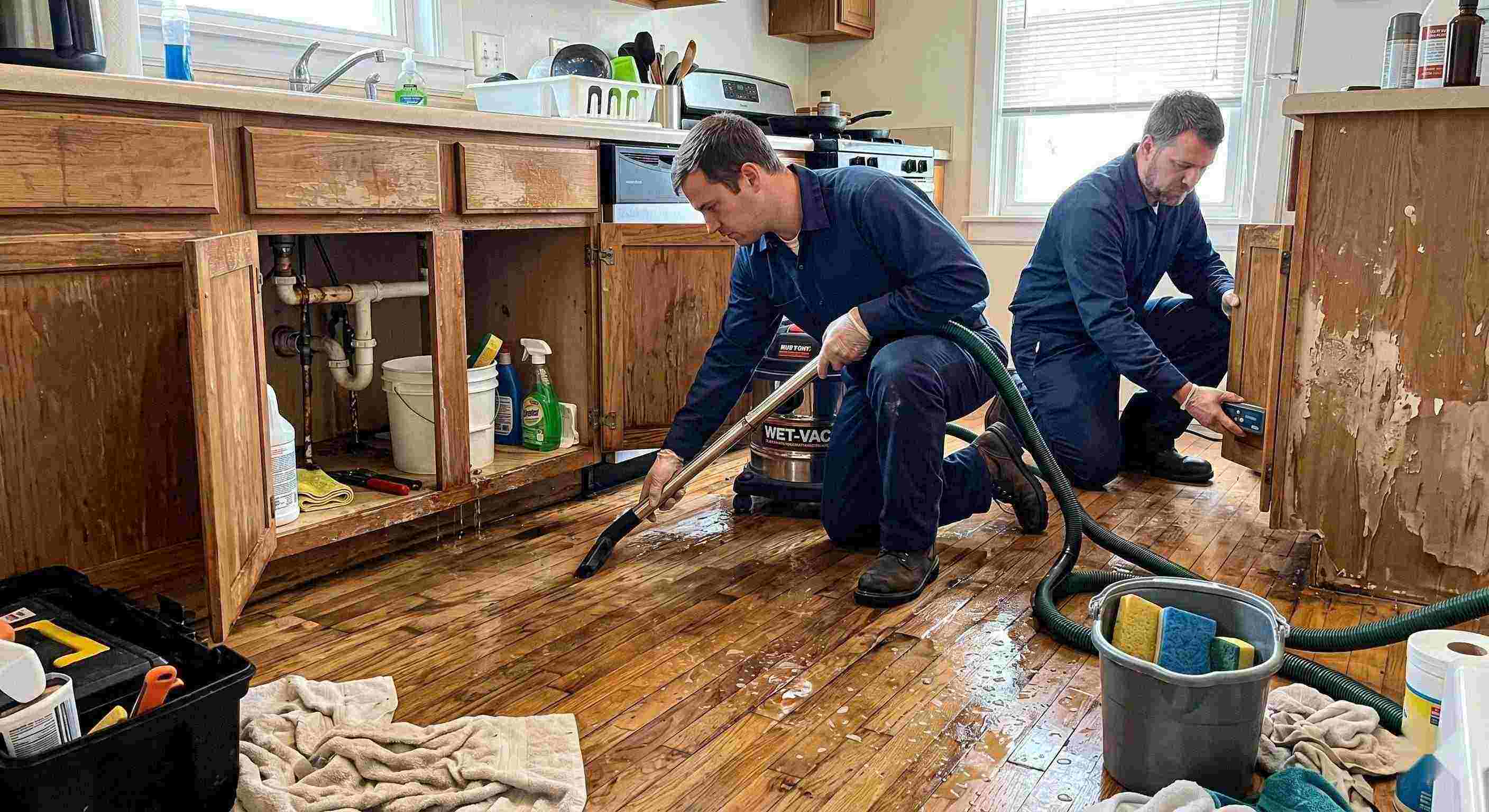 Realistic photo of technicians performing burst pipe water damage cleanup in a home in Cincinnati, removing standing water and inspecting wet floors and walls.