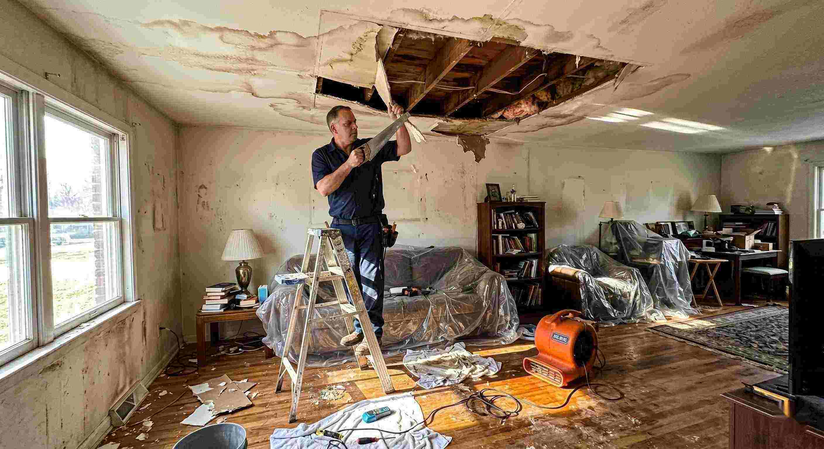 Realistic indoor scene of technicians performing ceiling leak repair in a home in Cincinnati, showing water-damaged ceiling, tools, and drying equipment.