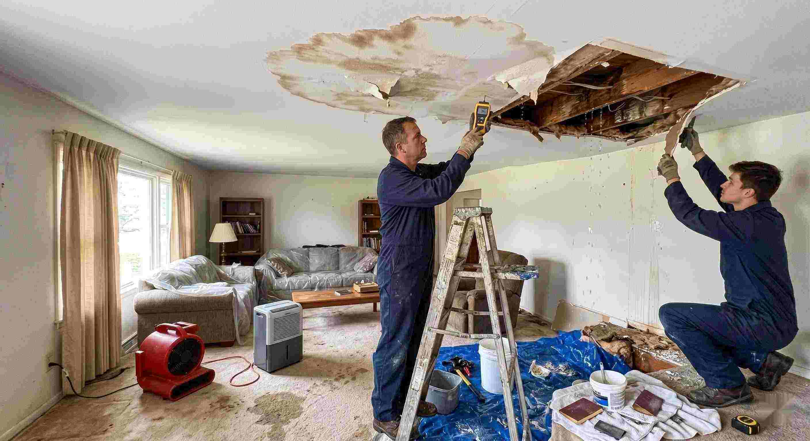 Realistic residential ceiling leak repair scene with technicians using moisture meters and air movers to fix water damage in a home in Cincinnati.