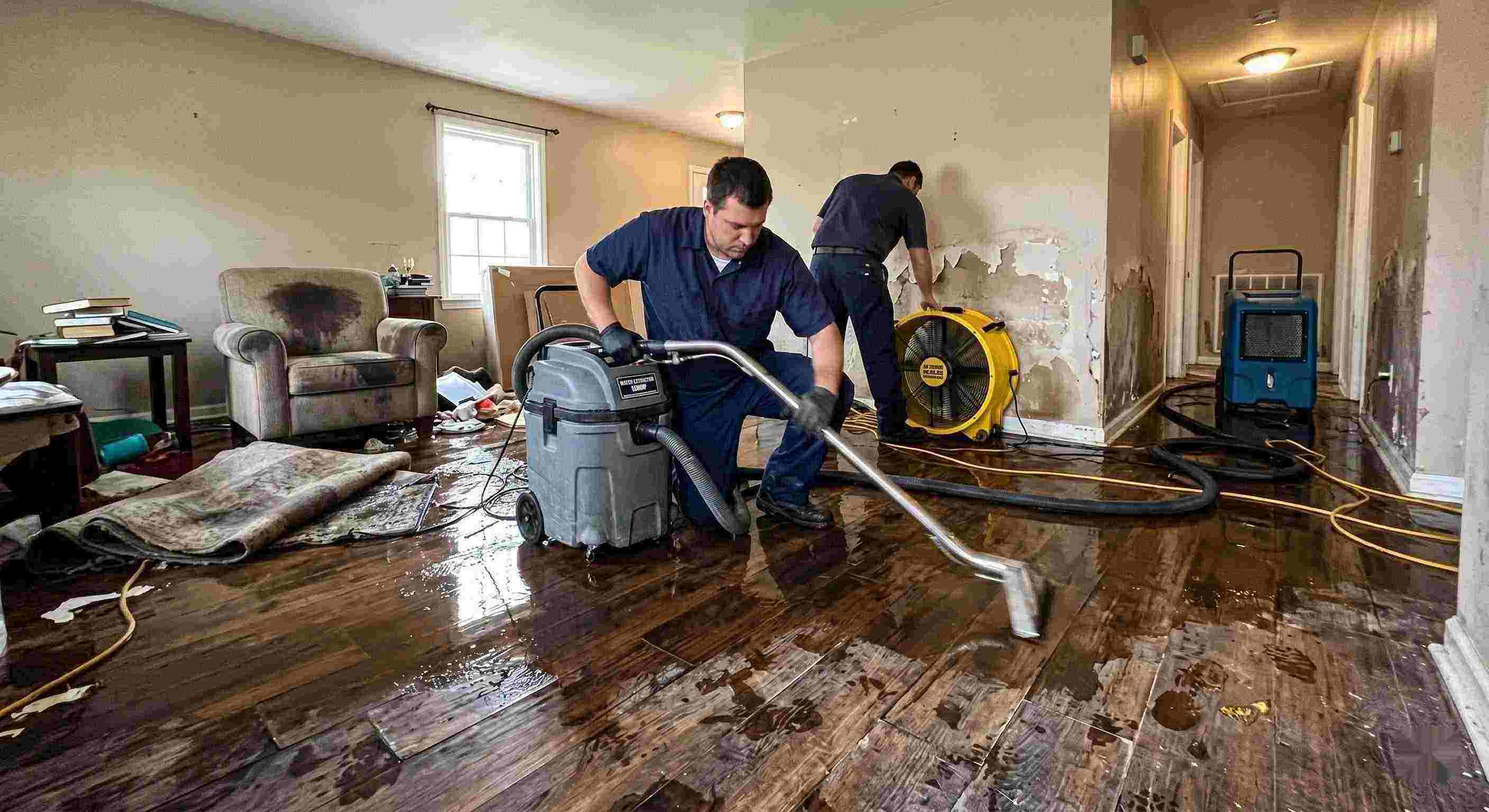 Expert emergency water damage restoration technicians removing water from flooded home in Fairfield