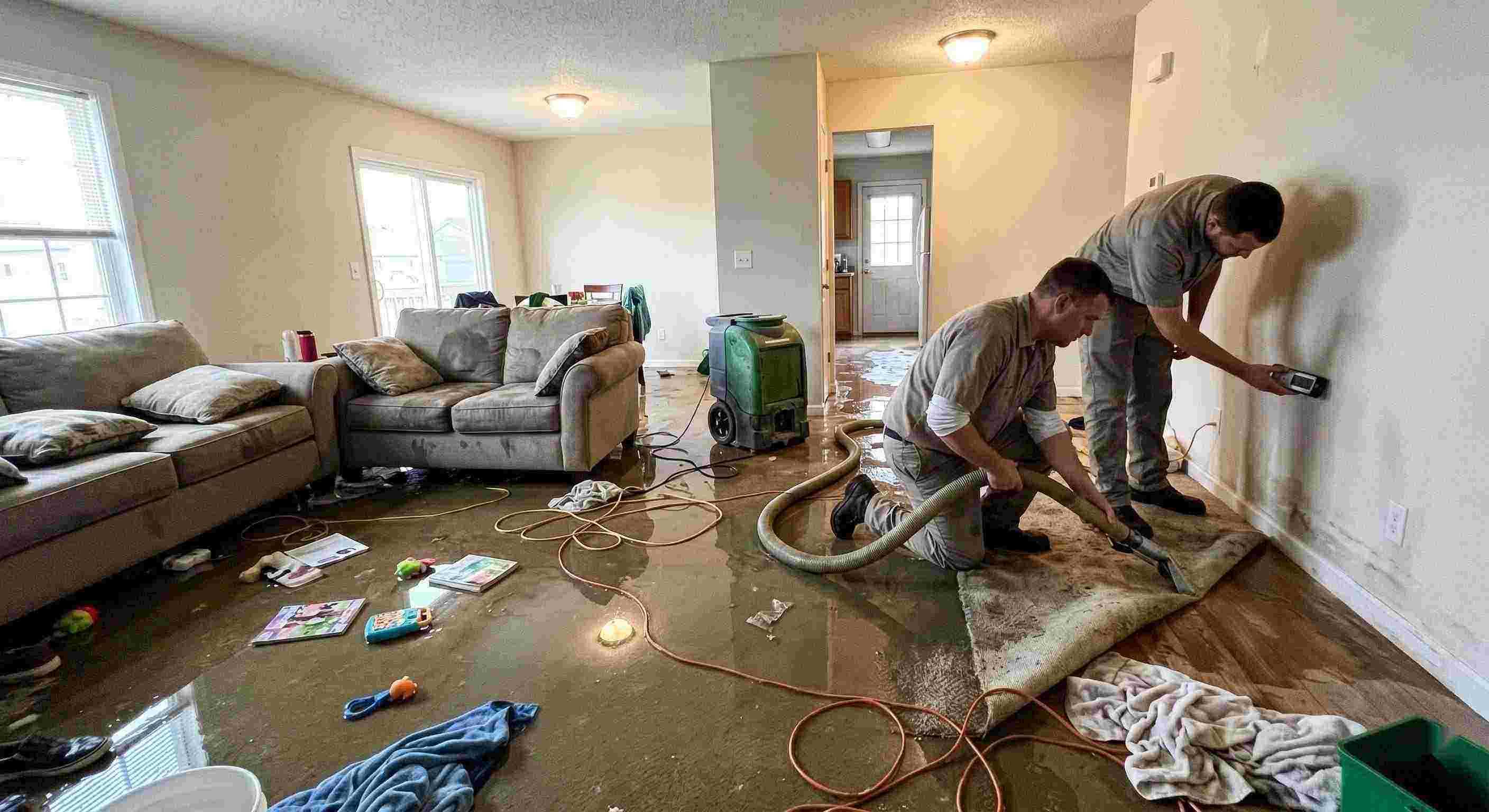 Local emergency water removal technicians extracting water from flooded living room in Fairfield