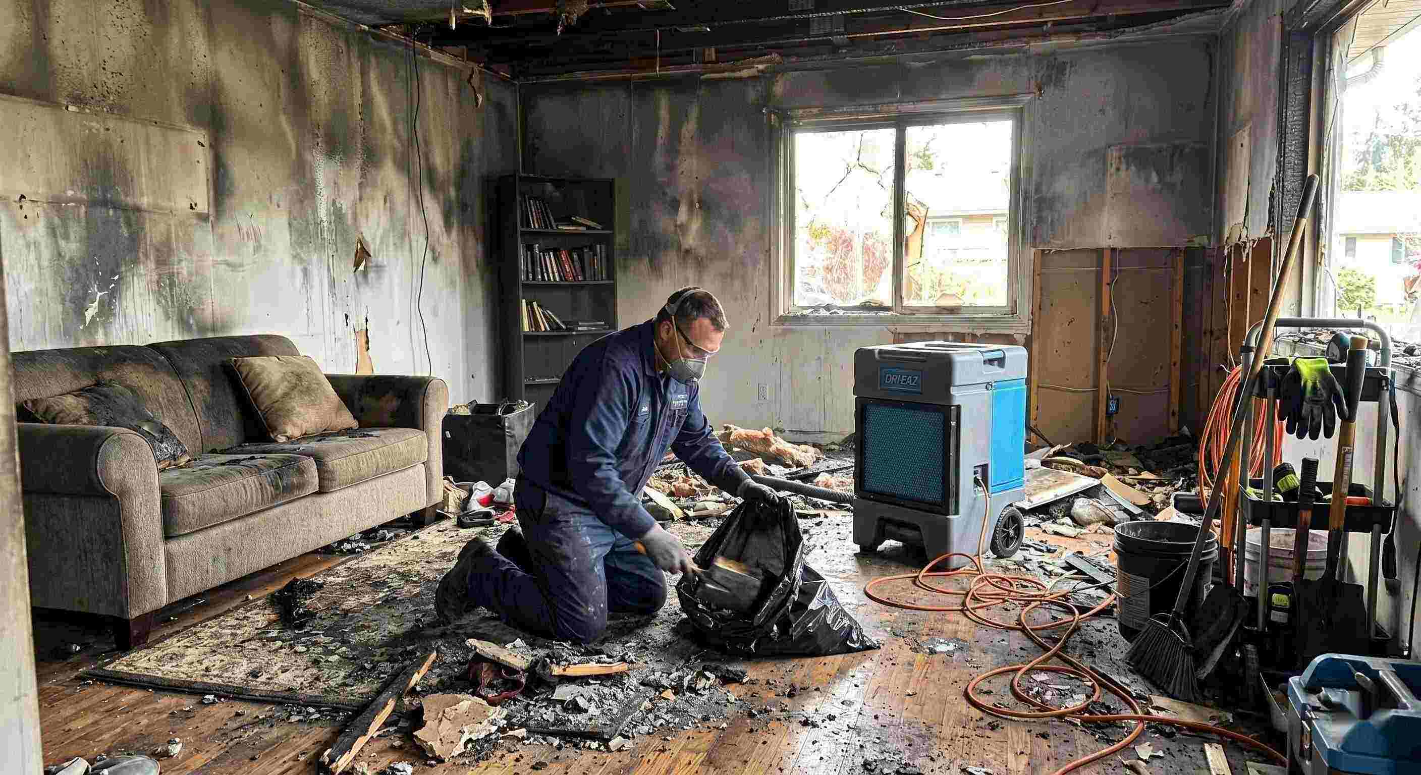 Top-rated fire damage cleanup scene with technician removing debris from a home affected by fire in Kettering