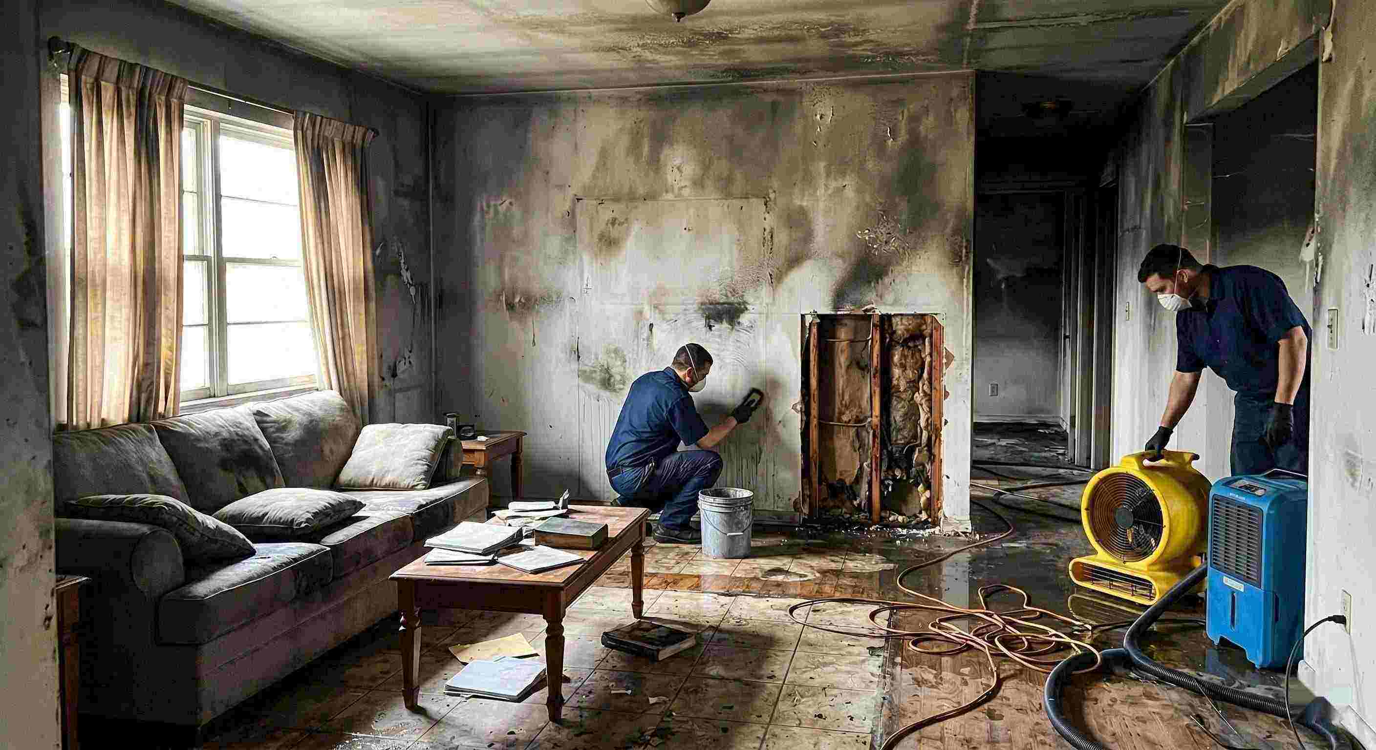 Local fire damage restoration cleanup with technicians removing soot and drying water damage in home Fairfield
