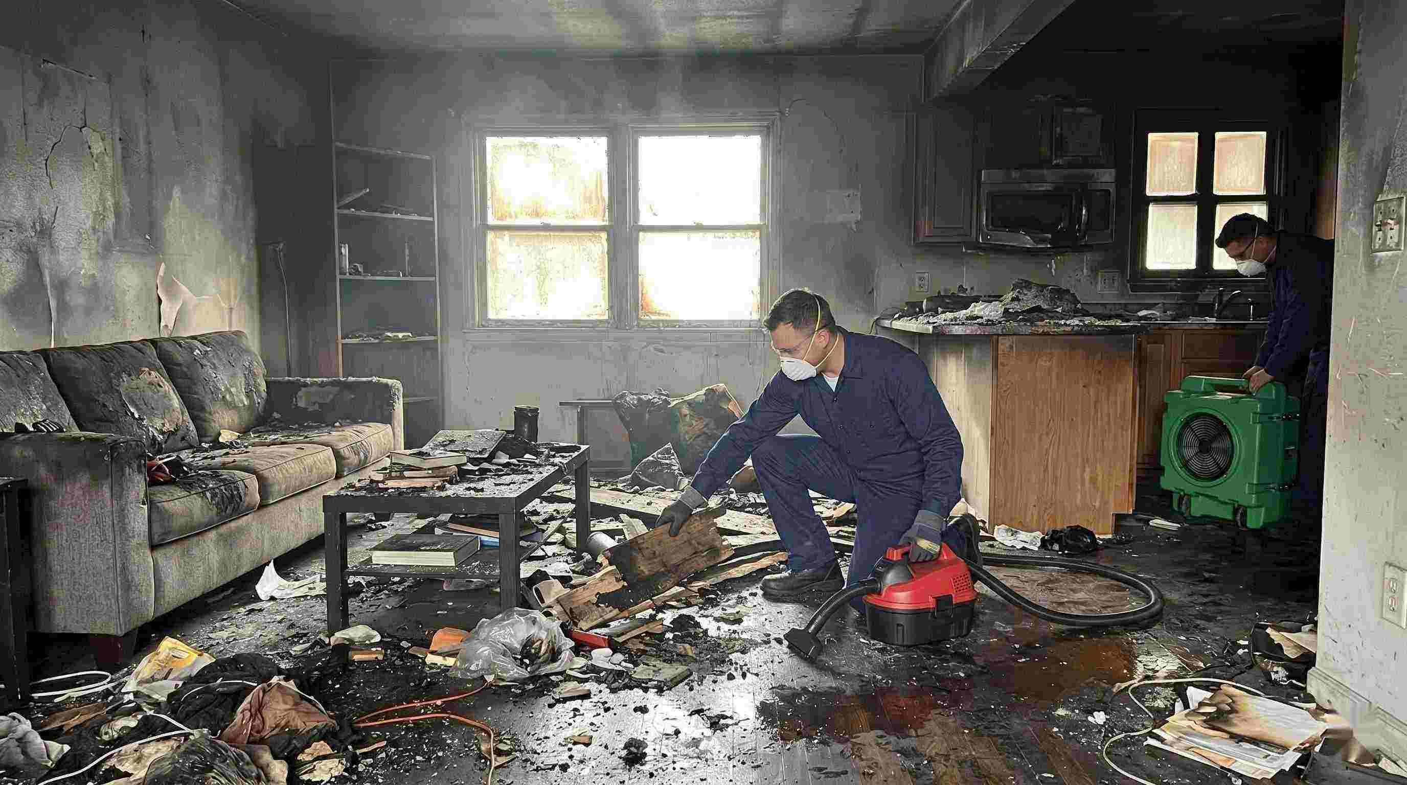 Fast realistic image showing extensive fire damage in a home with soot, debris, and smoke residue, captured during fire damage restoration in Kettering.