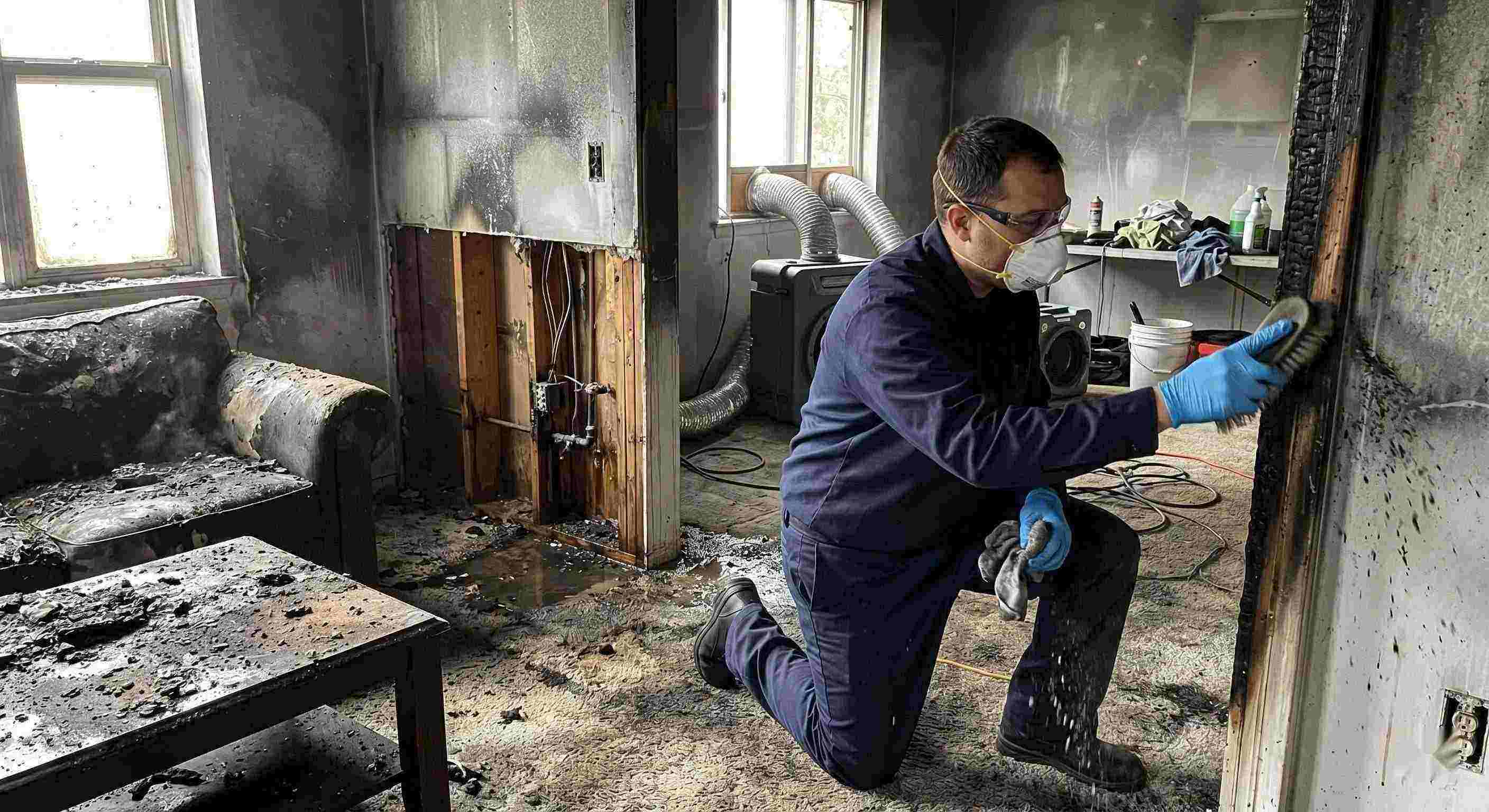 Trusted action shot of a fire damage restoration technician cleaning soot and debris in a home damaged by fire in Kettering