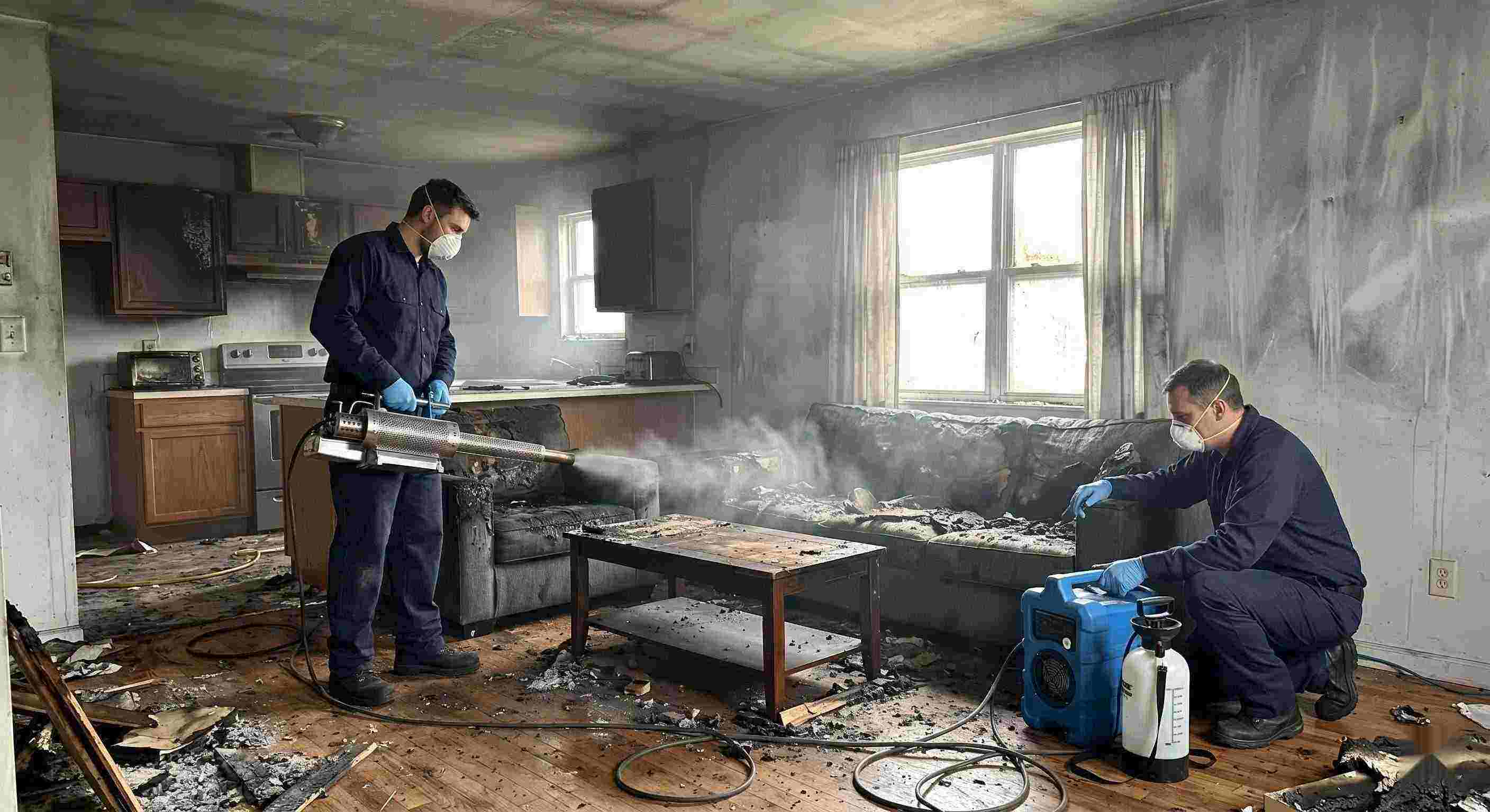 Local fire odor removal service in a home showing technicians using thermal fogging equipment to eliminate smoke and soot odors in Kettering.