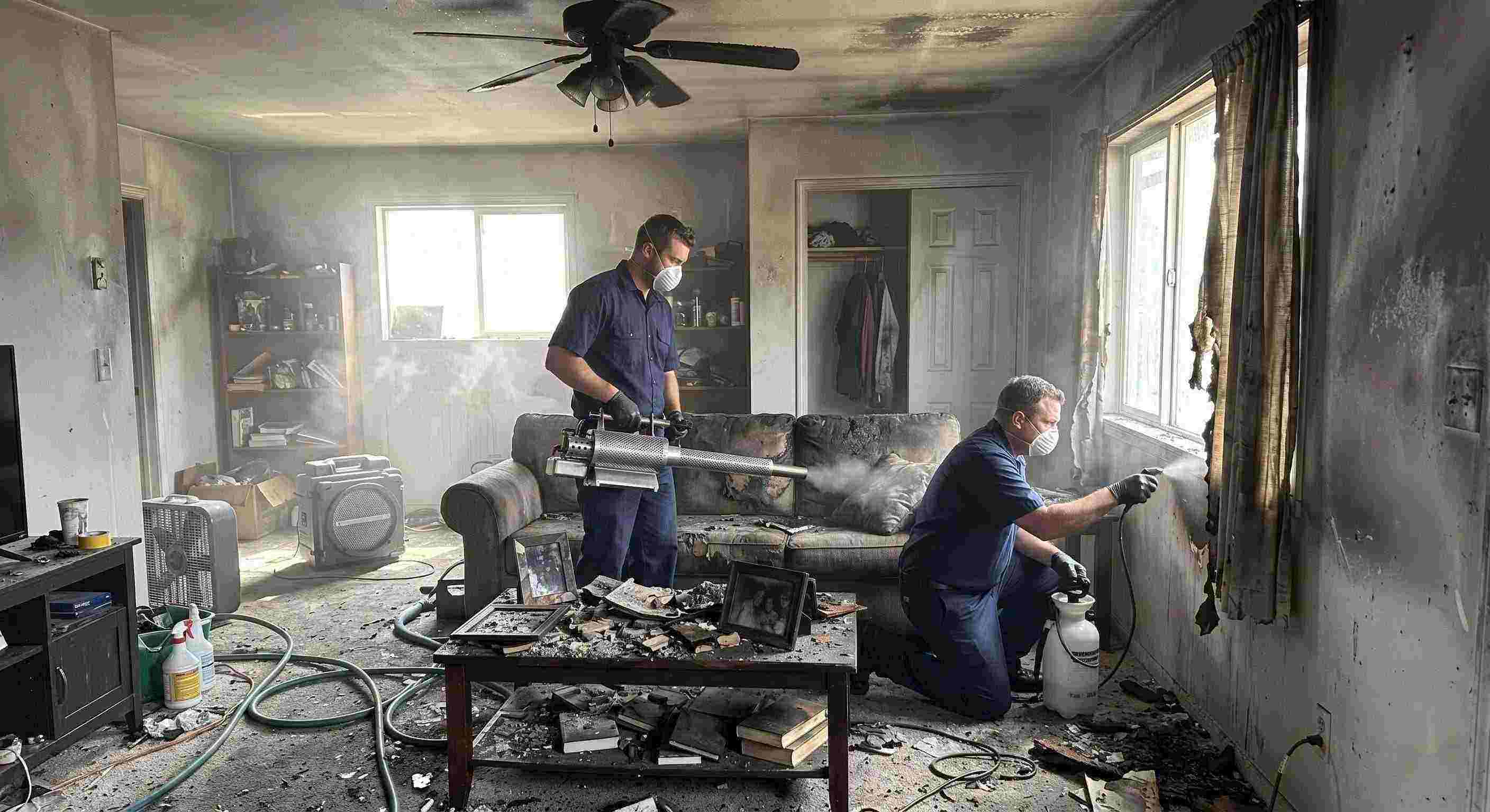 Best fire damage restoration technicians removing smoke odors from a soot-stained home in Kettering, using thermal fogging and odor neutralization.