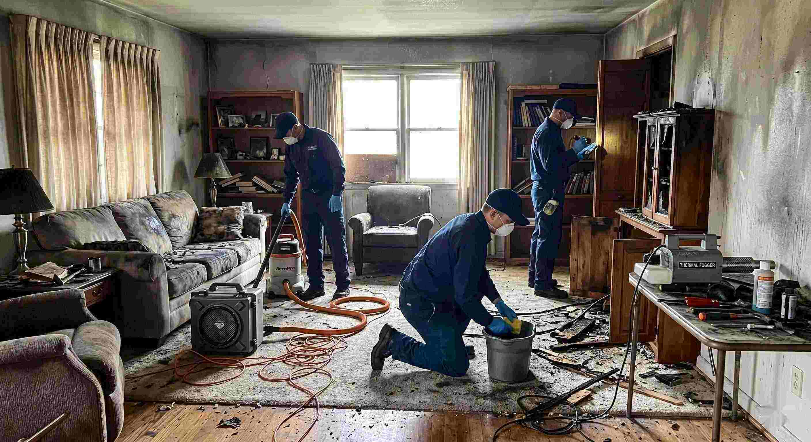 Best photo of a fire restoration team using professional equipment to clean soot and smoke damage in a Kettering home, emphasizing trust and hands-on expertise.