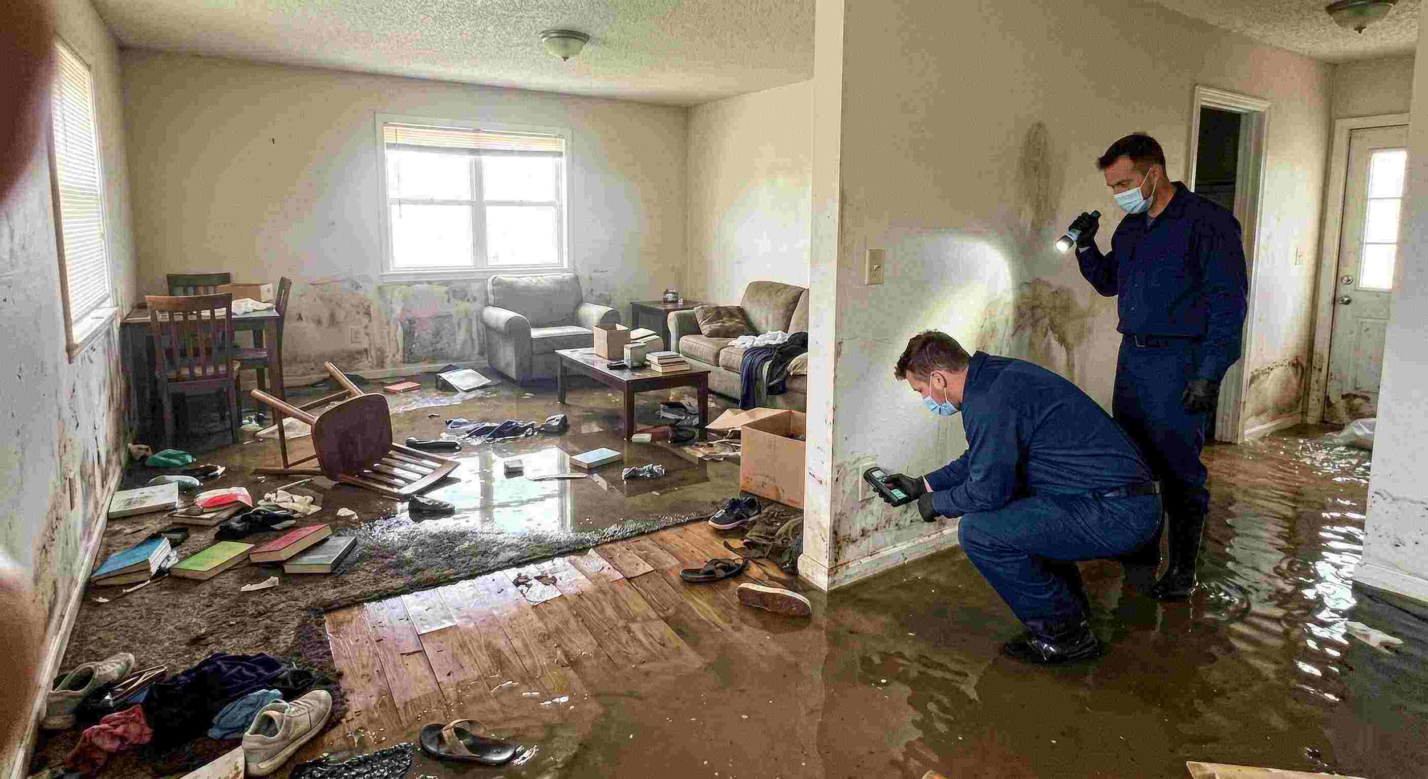 Professional severe home flooding with waterlogged floors, damaged furniture, and generic technician assessing the damage in Kettering