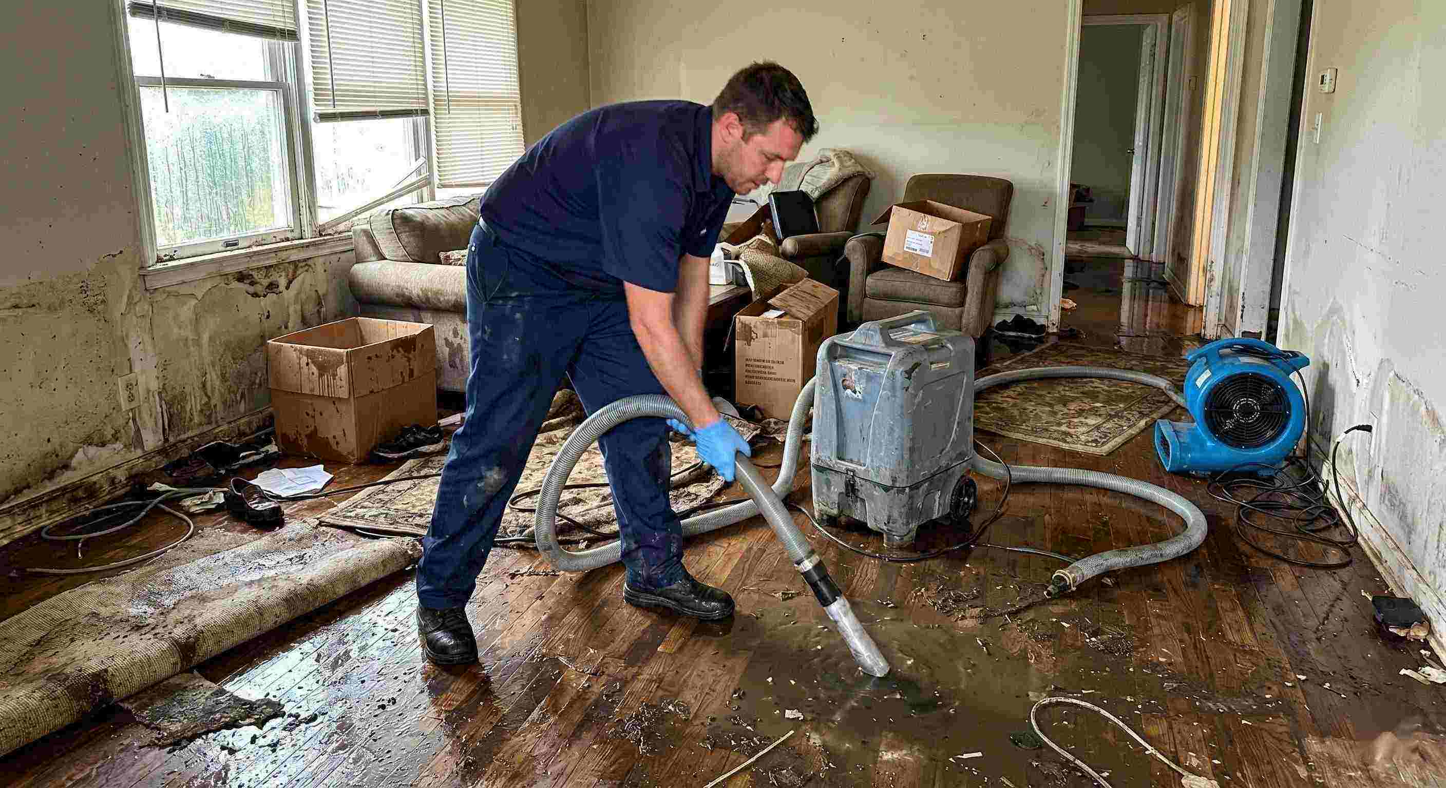Expert action shot of a flood damage restoration technician removing standing water in a flooded home during the restoration process in Kettering.