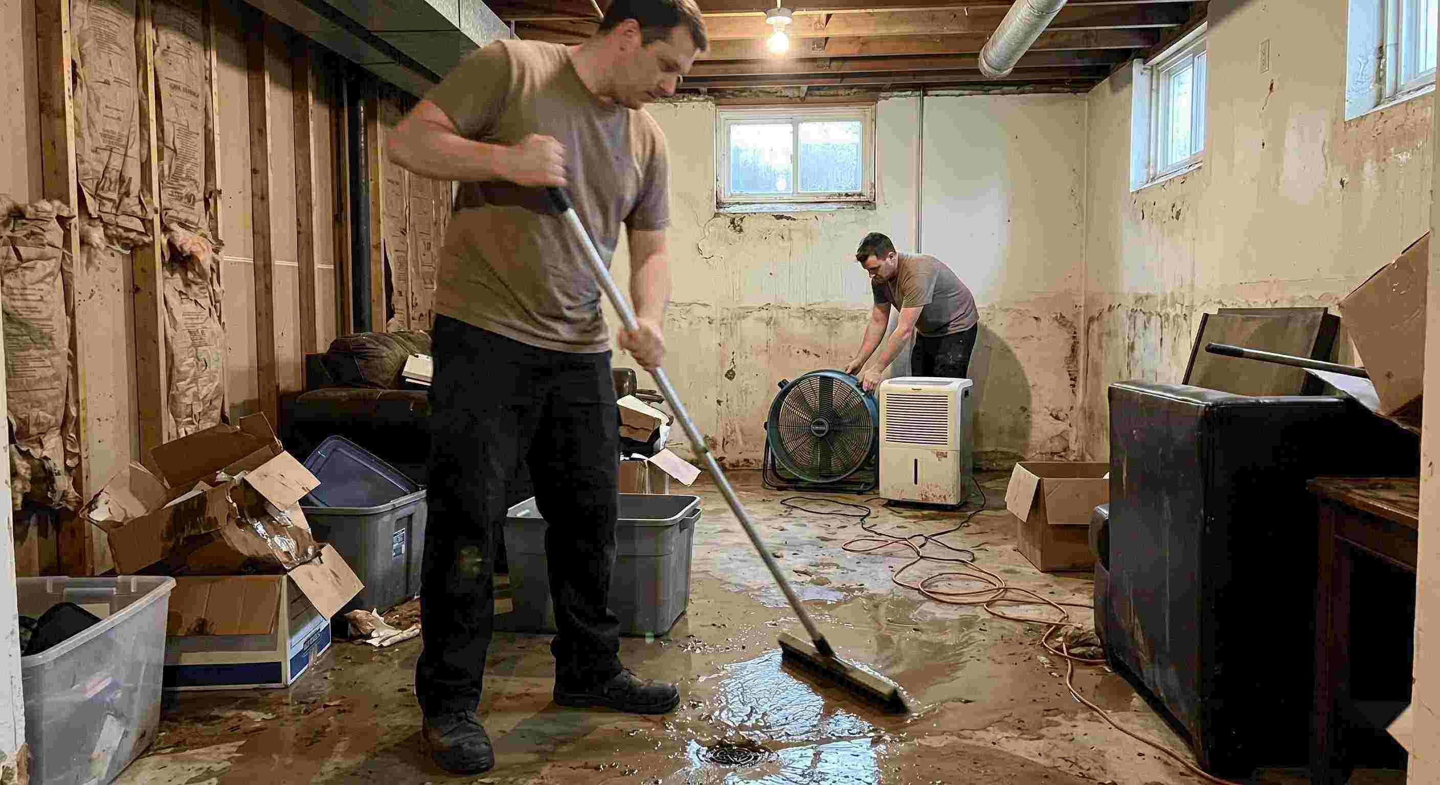 Top-rated flood and storm damage cleanup in a residential basement with standing water removal and drying equipment in Fairfield