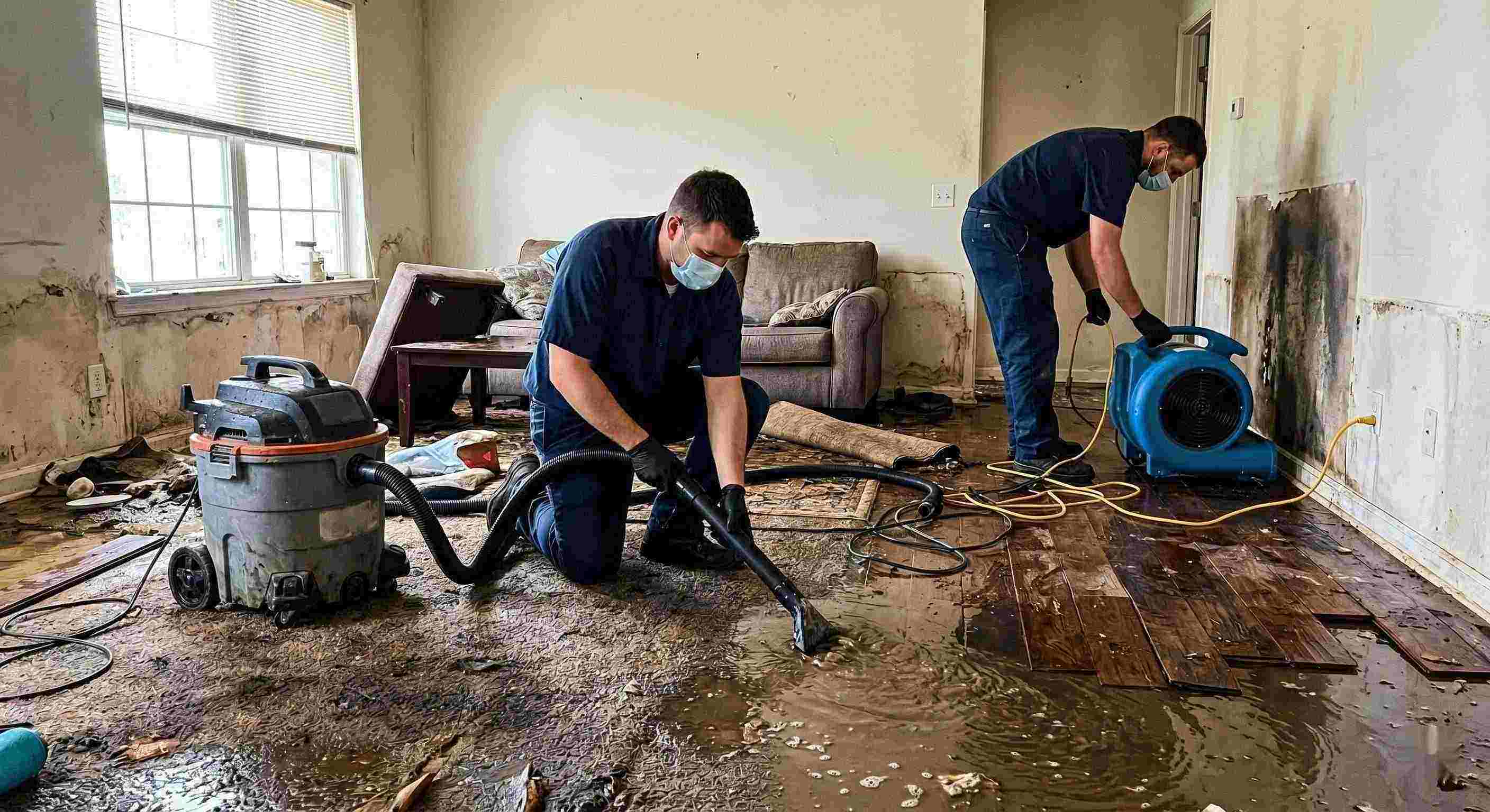 Top-rated flood water removal service in a residential home showing technicians extracting standing water and setting up drying equipment in Kettering