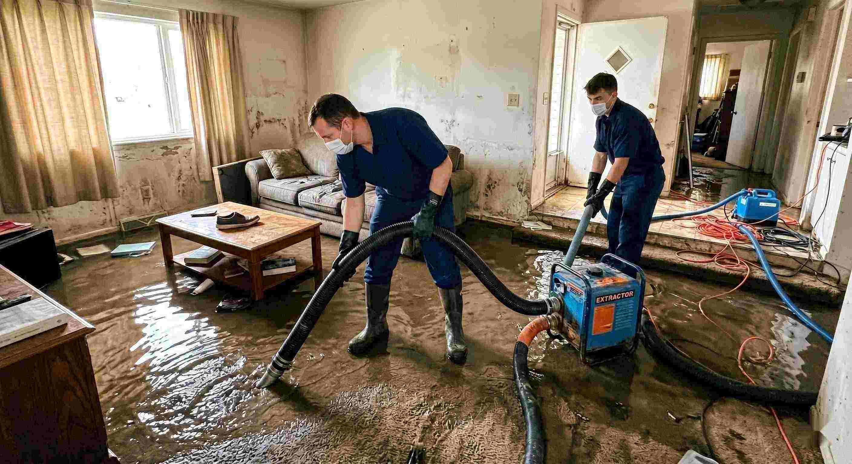 Best realistic flood water removal inside a home with technicians using pumps and hoses to extract standing water during flood damage restoration in Kettering.