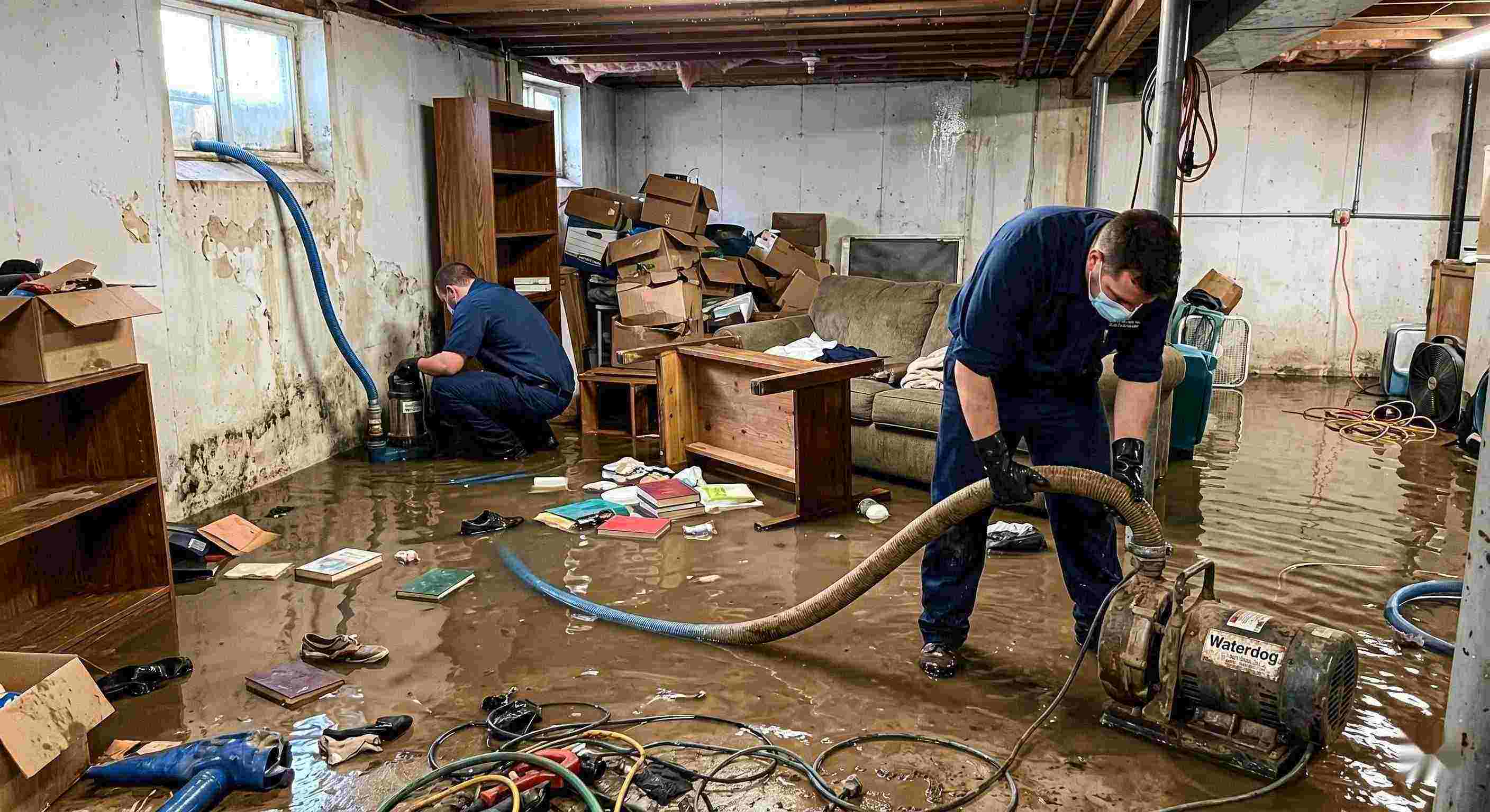 Best realistic photo of a flooded basement cleanup with restoration technicians removing standing water in a home in Kettering