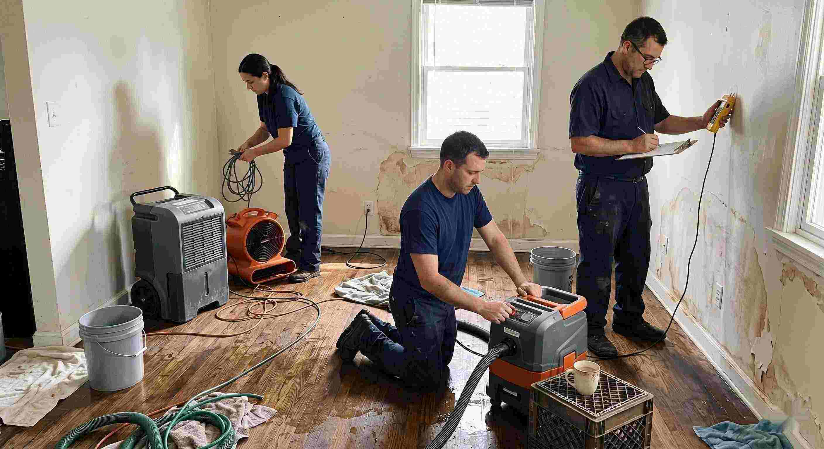 Local leak damage restoration team working with professional equipment to repair water-damaged home in Cincinnati.