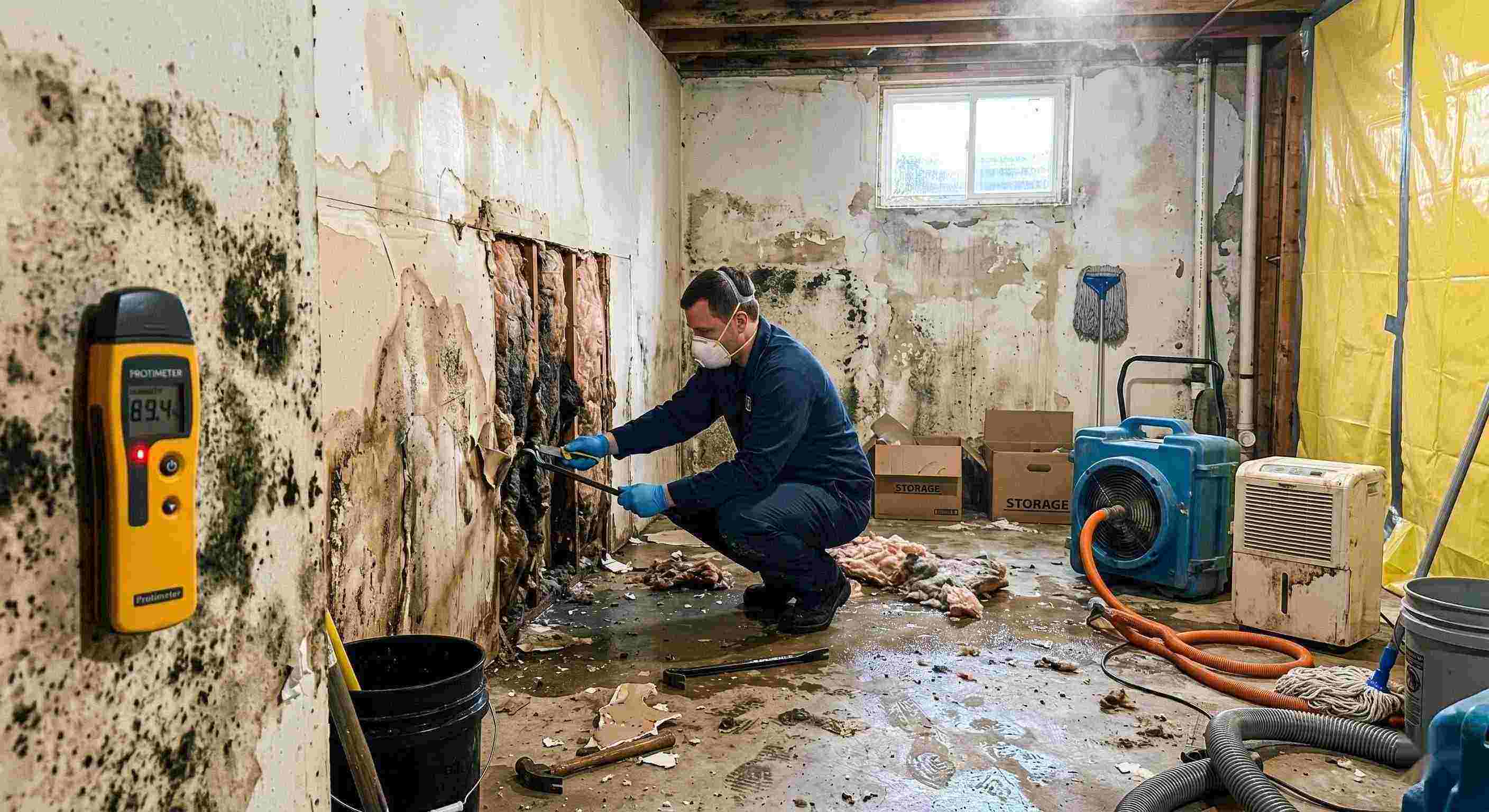 Professional mold after water damage cleanup in a residential home, showing a technician removing water-damaged drywall and treating mold in a damp basement in Kettering.