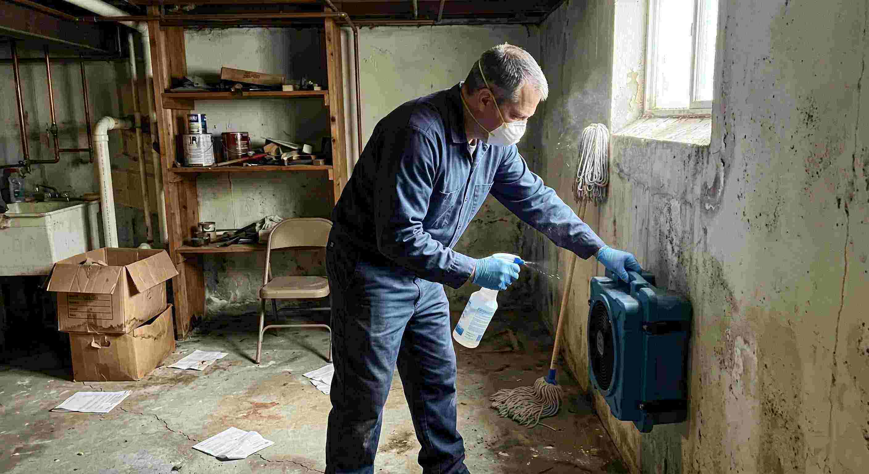 Professional technician performing mold odor removal in a basement, using HEPA air scrubber and antimicrobial spray, preventing mold growth in a Kettering home.