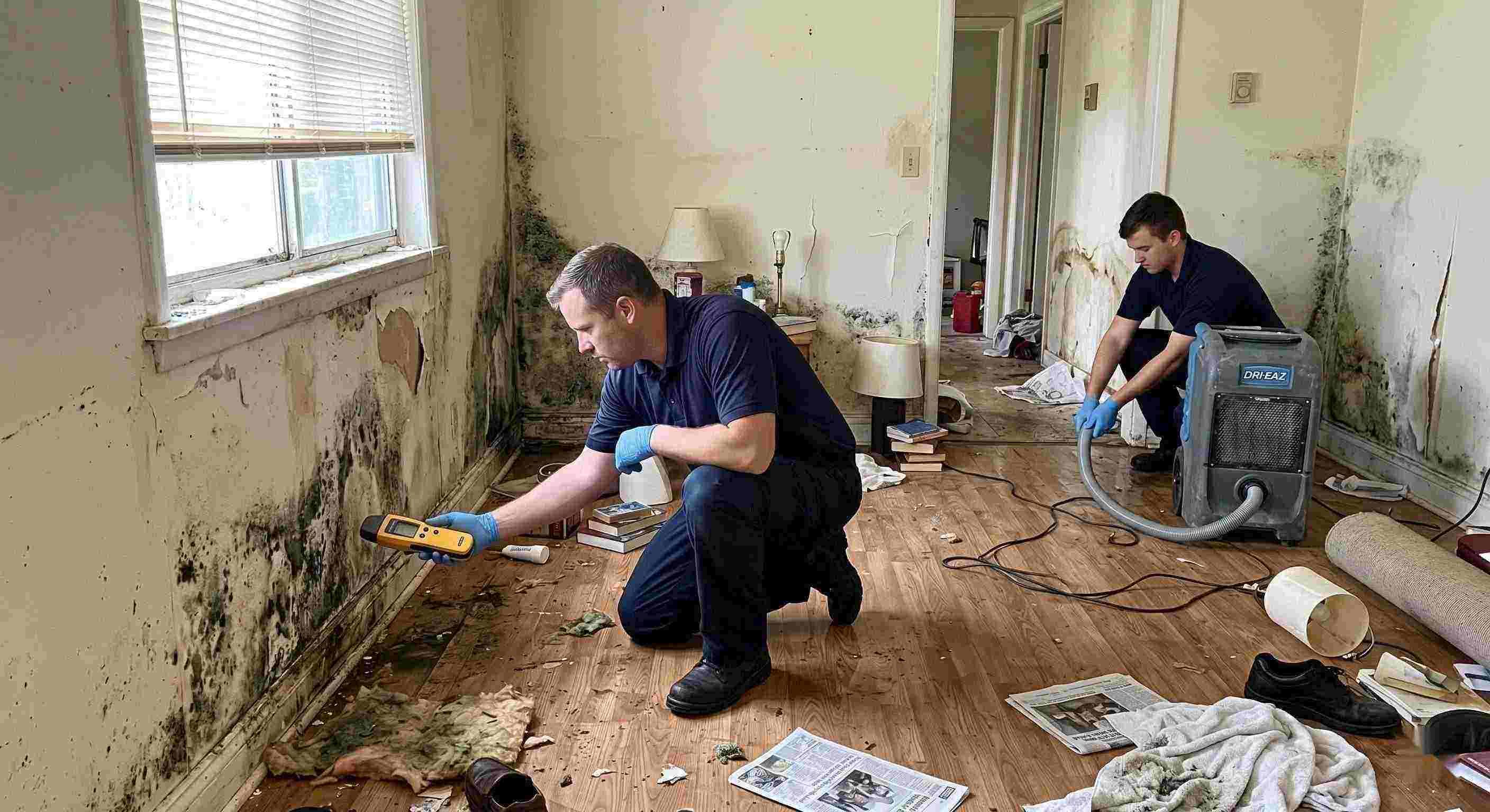 Professional realistic photo showing mold damage and water-affected walls in a home during mold remediation in Kettering, with technicians inspecting and controlling moisture.