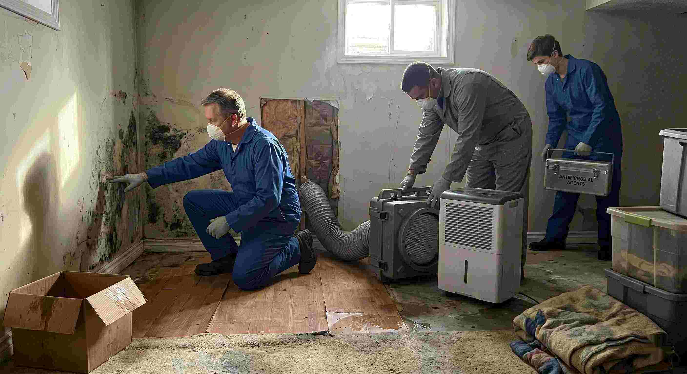 Fast residential mold remediation team performing inspection and cleanup with dehumidifiers and HEPA filters, showing professional team and equipment in a Kettering home.