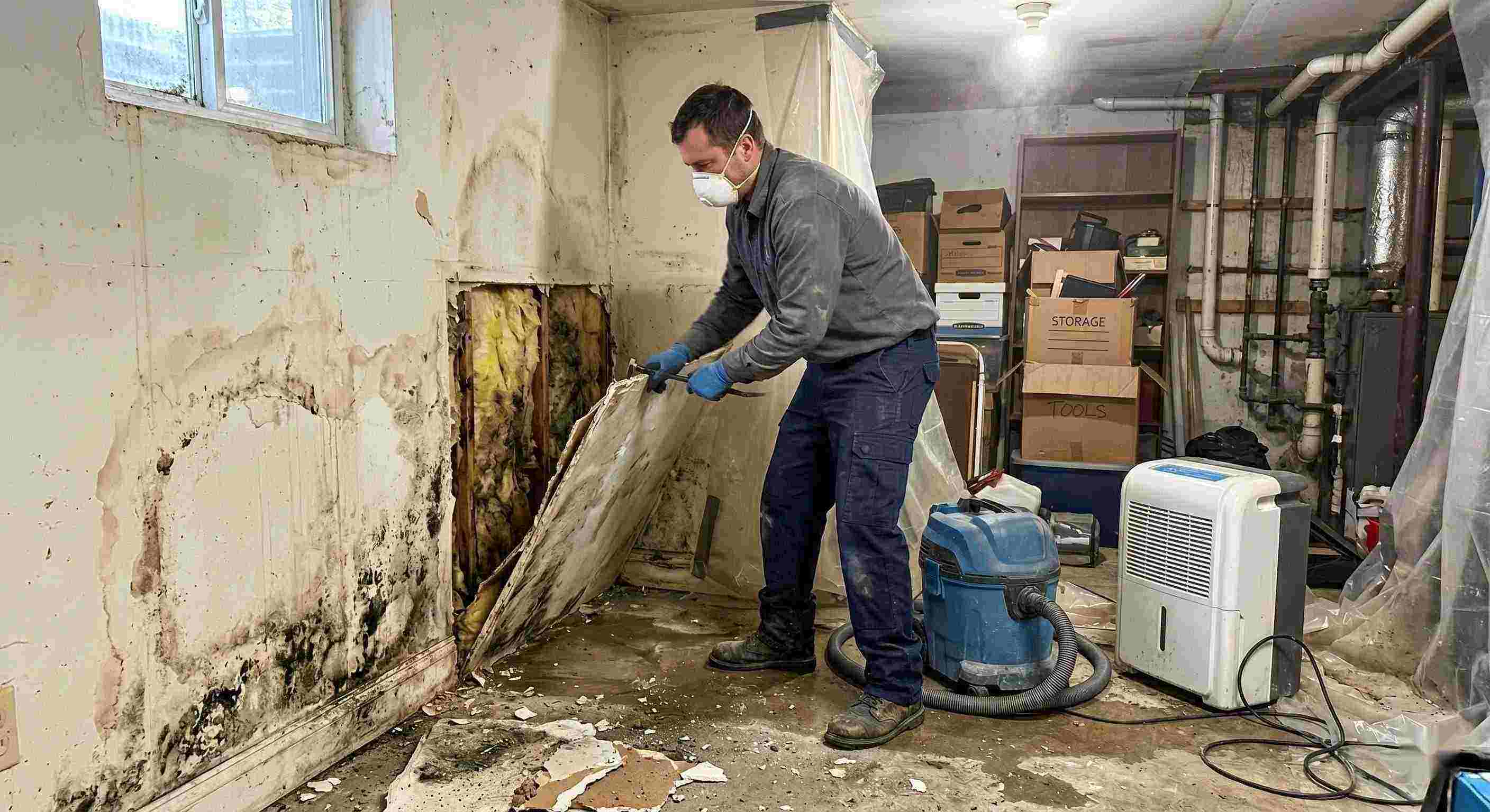 Best action shot of a mold remediation technician removing damaged drywall and treating mold in a home basement in Kettering, showing realistic textures, dust, and water damage.