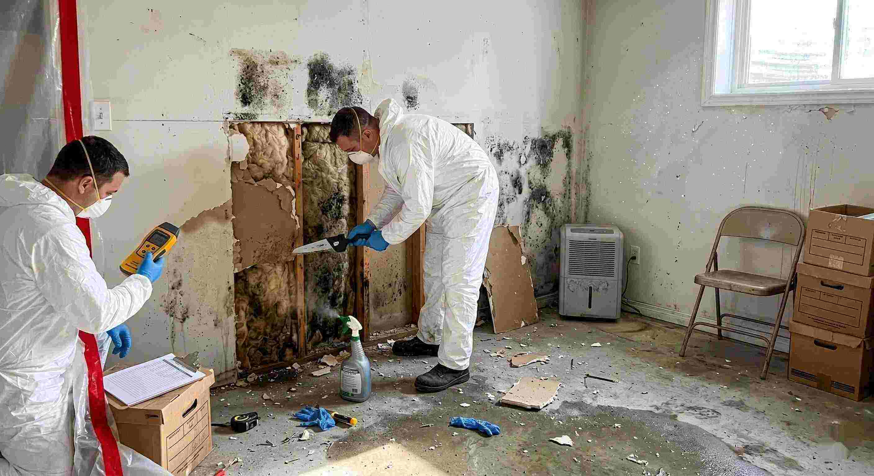 Professional mold removal service in a residential home, showing technicians removing black mold and moisture-damaged drywall in Kettering.