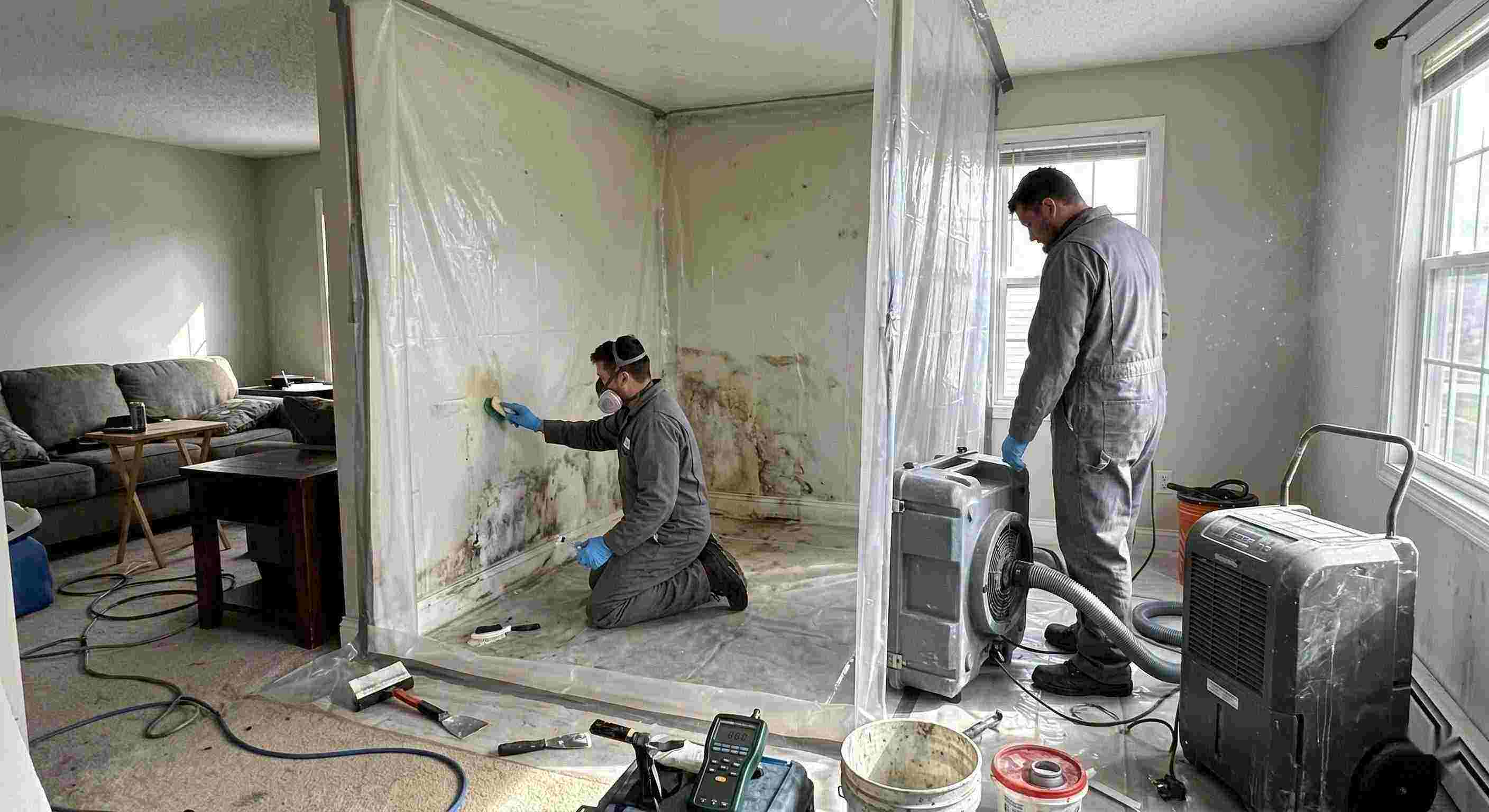 Best technicians performing indoor mold removal in a residential home in Kettering, isolating damp areas and using HEPA air scrubbers and dehumidifiers.