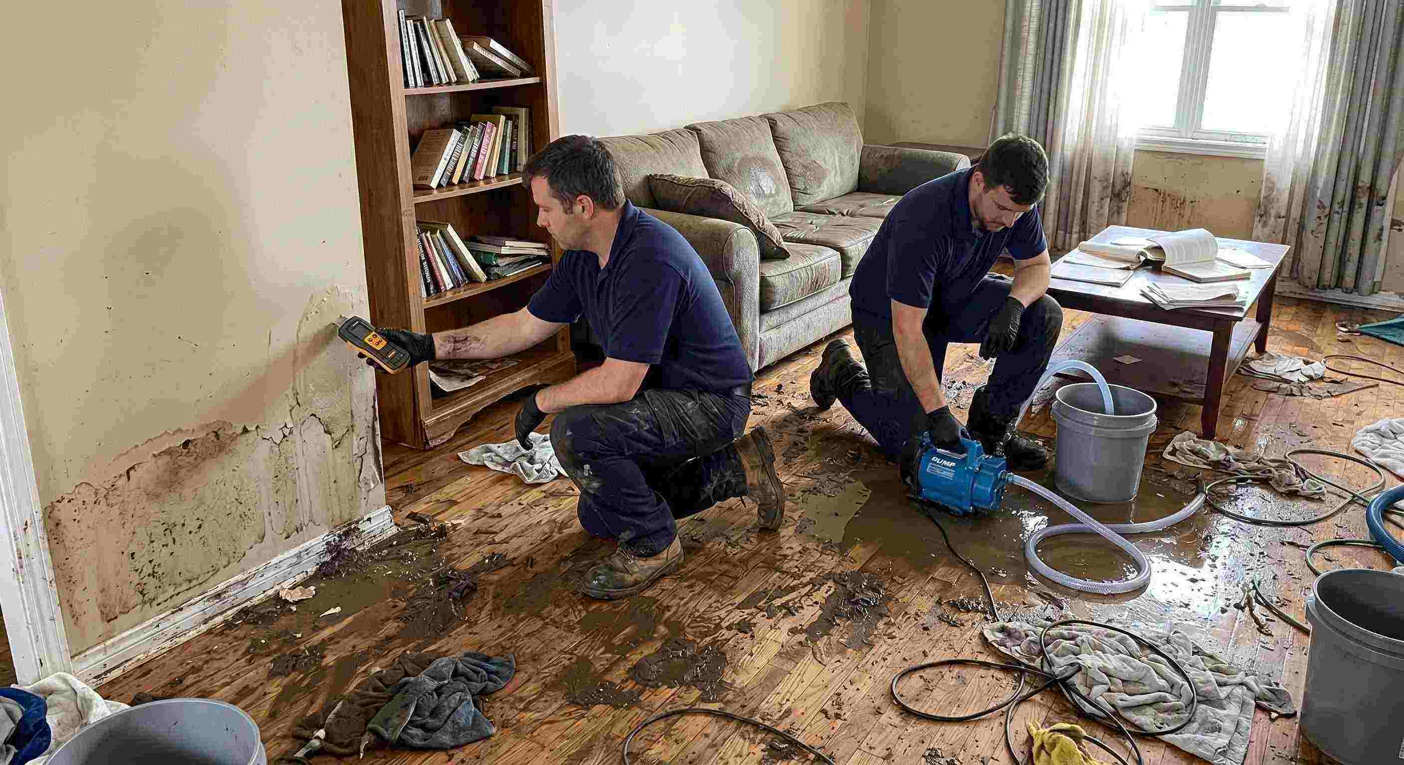 Top-rated realistic photo of a technician performing mud and debris removal after flooding in a home in Kettering, showing soaked floors, water-damaged furniture, and scattered cleaning equipment.
