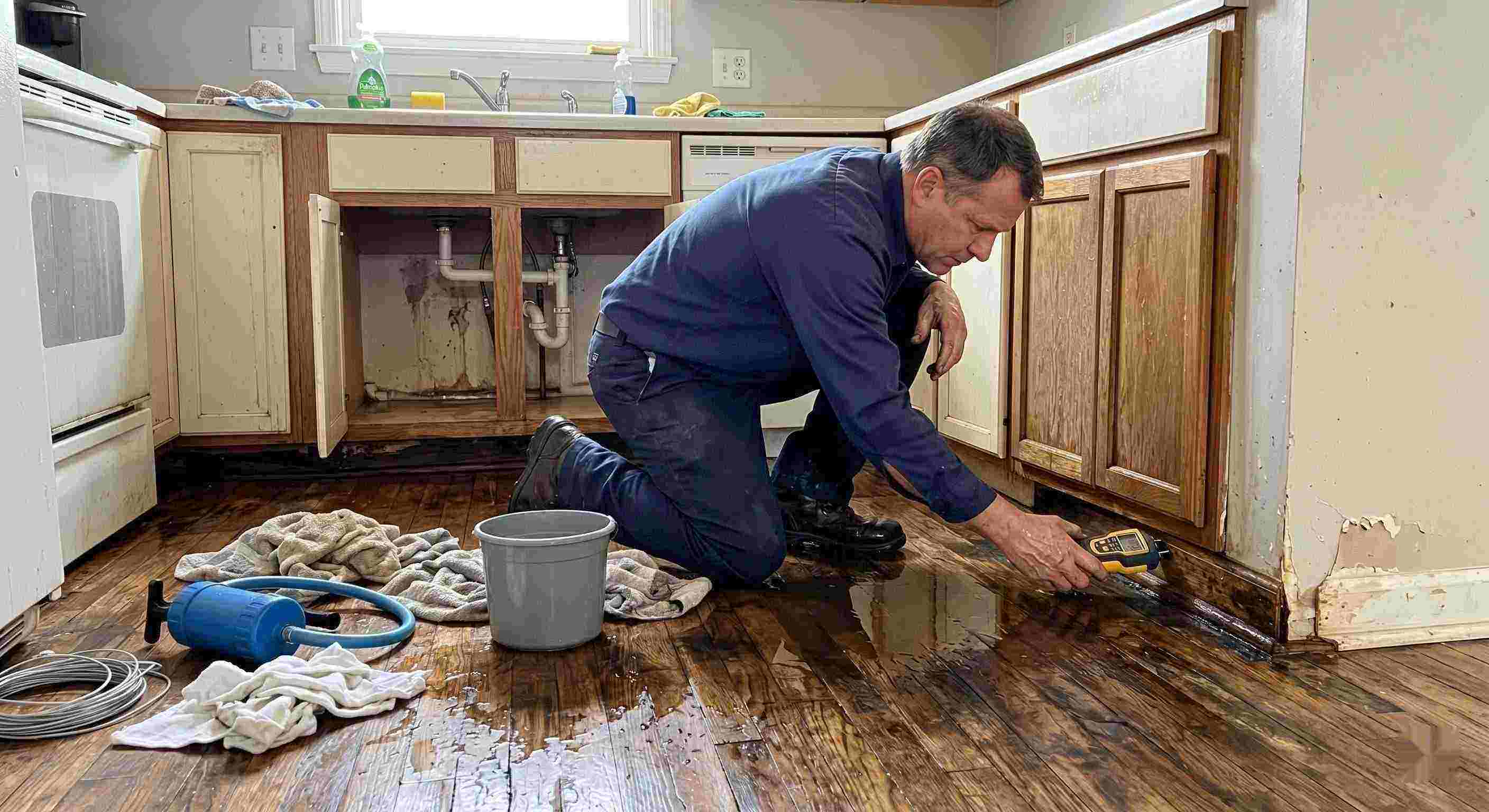 Technician performing pipe leak cleanup in a residential home in Cincinnati, inspecting water-damaged flooring and cabinets.
