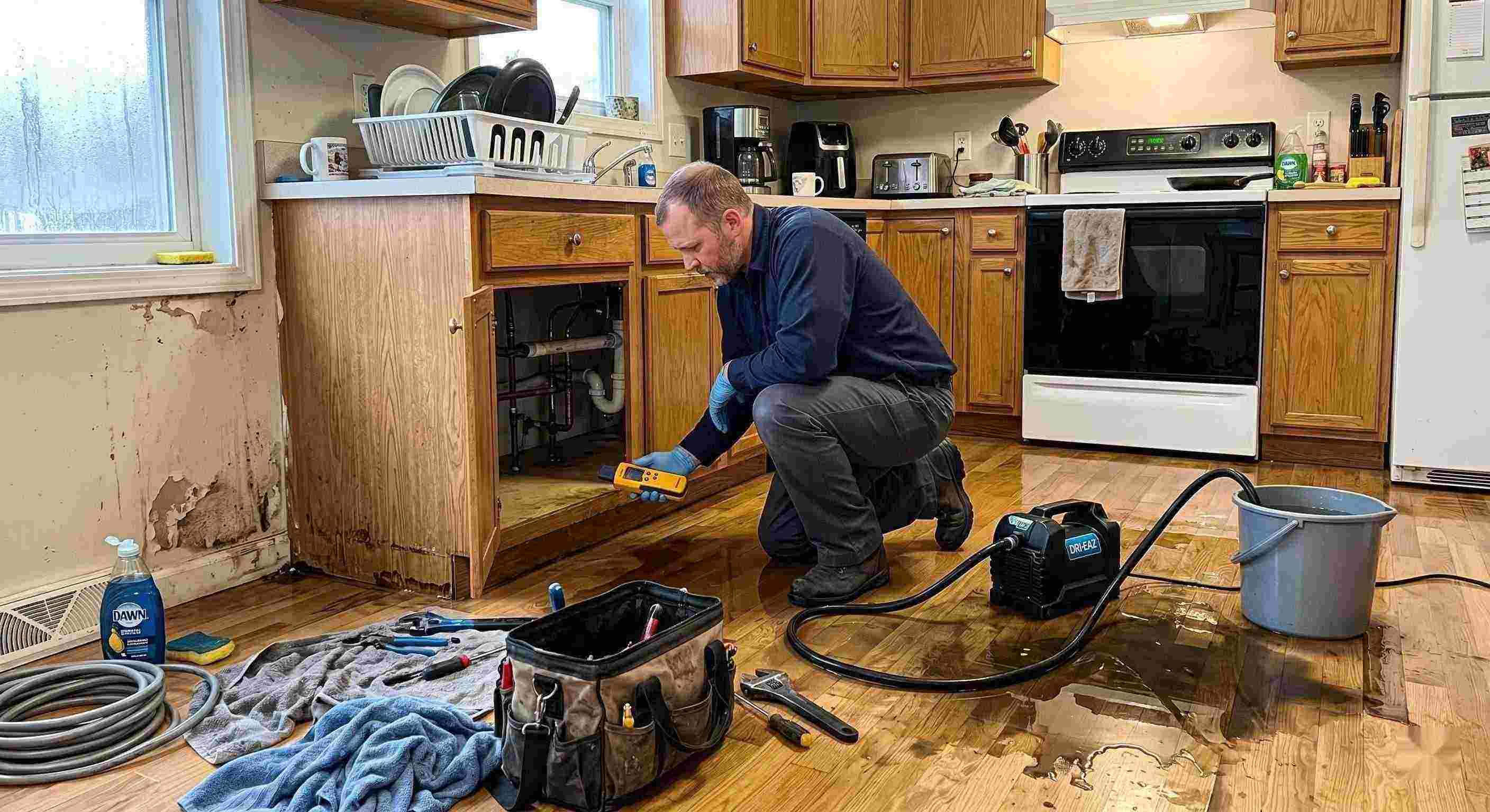Pipe leak cleanup service in a residential kitchen showing water damage and a technician actively restoring the area in Cincinnati.