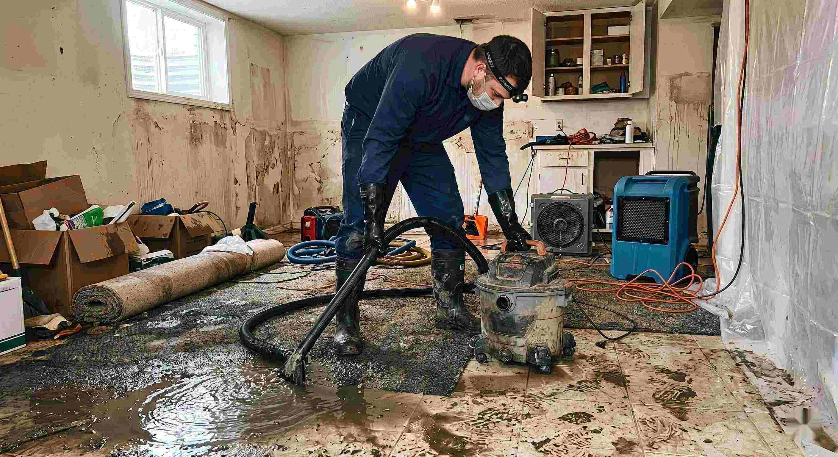 Action shot of a technician performing sewage backup cleanup in a residential home, showing water extraction and sanitation processes in Cincinnati.