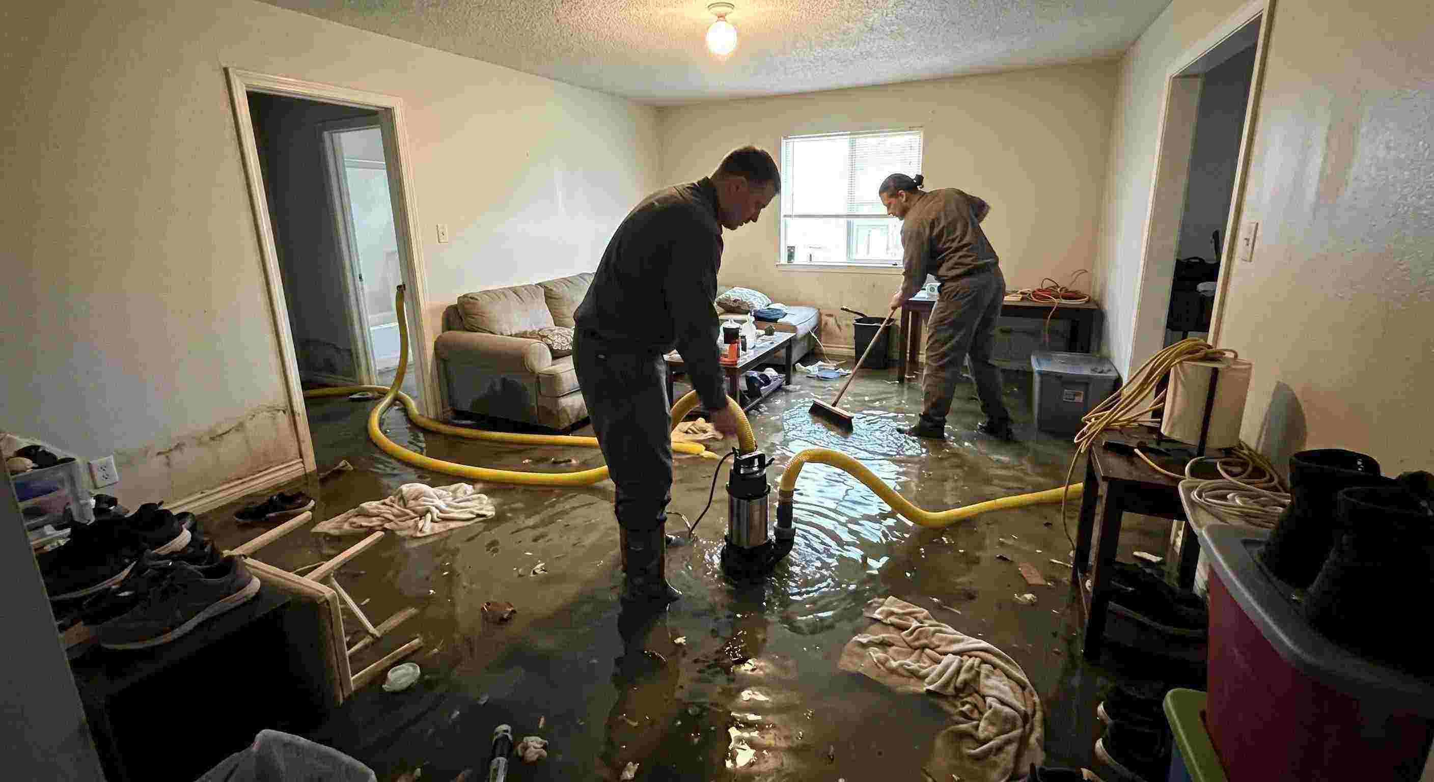 Reliable high volume residential pump-out services removing flood water with submersible pumps in Fairfield