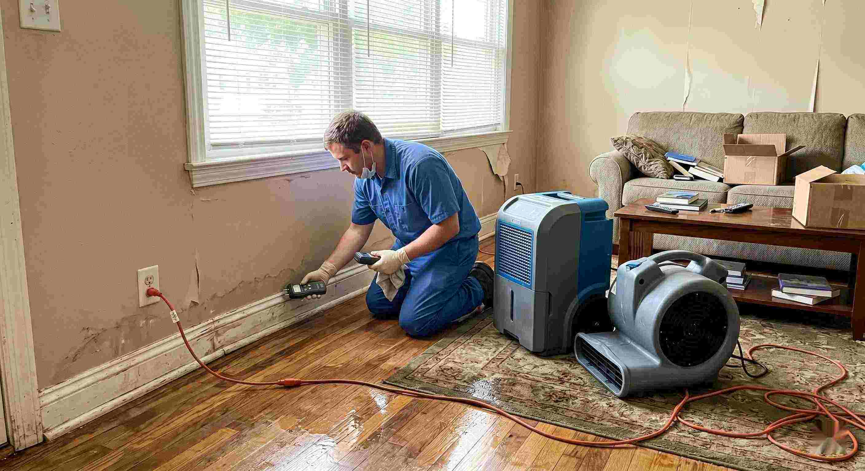 Reliable technician performing rainwater intrusion cleanup in a flooded home in Kettering, showing wet floors, damp walls, and dehumidifiers in use.