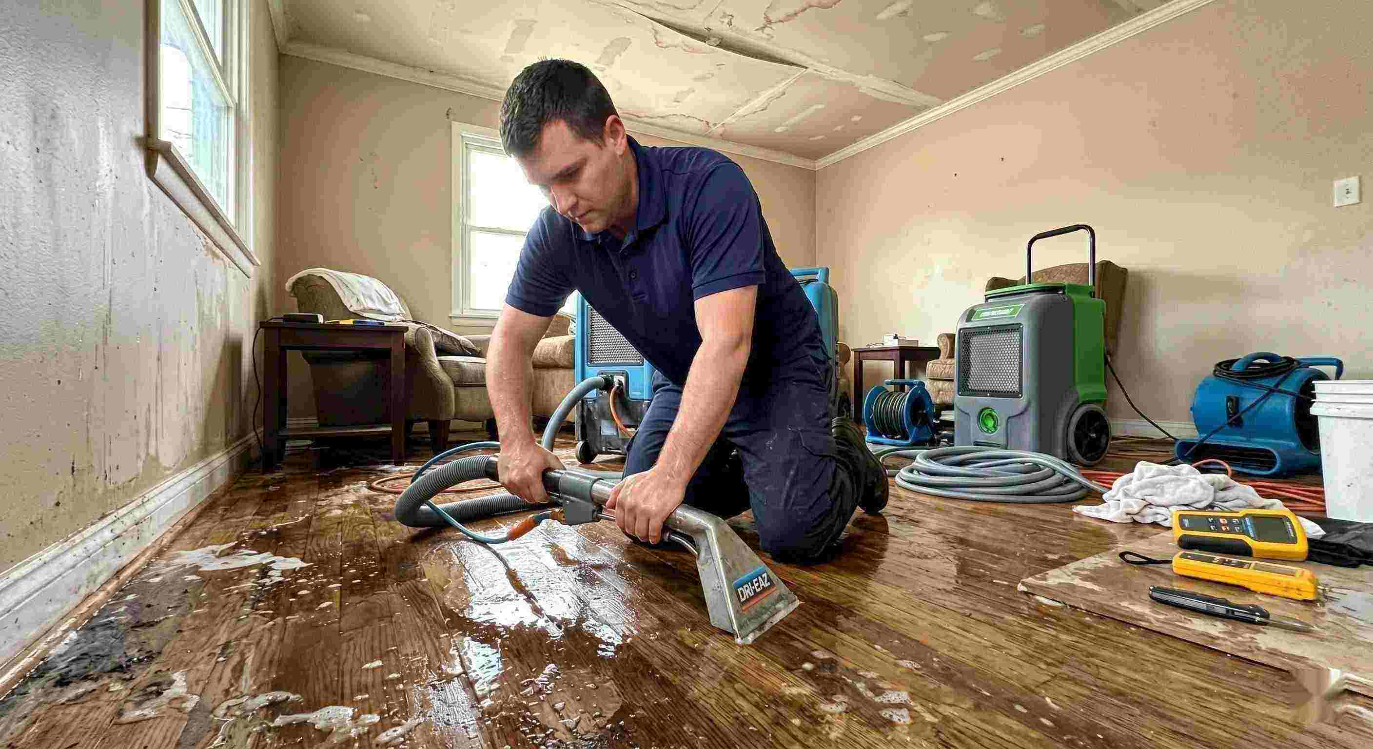 Action shot of a leak damage restoration technician performing water extraction and drying in a home in Cincinnati, showing realistic water damage and cleanup process.