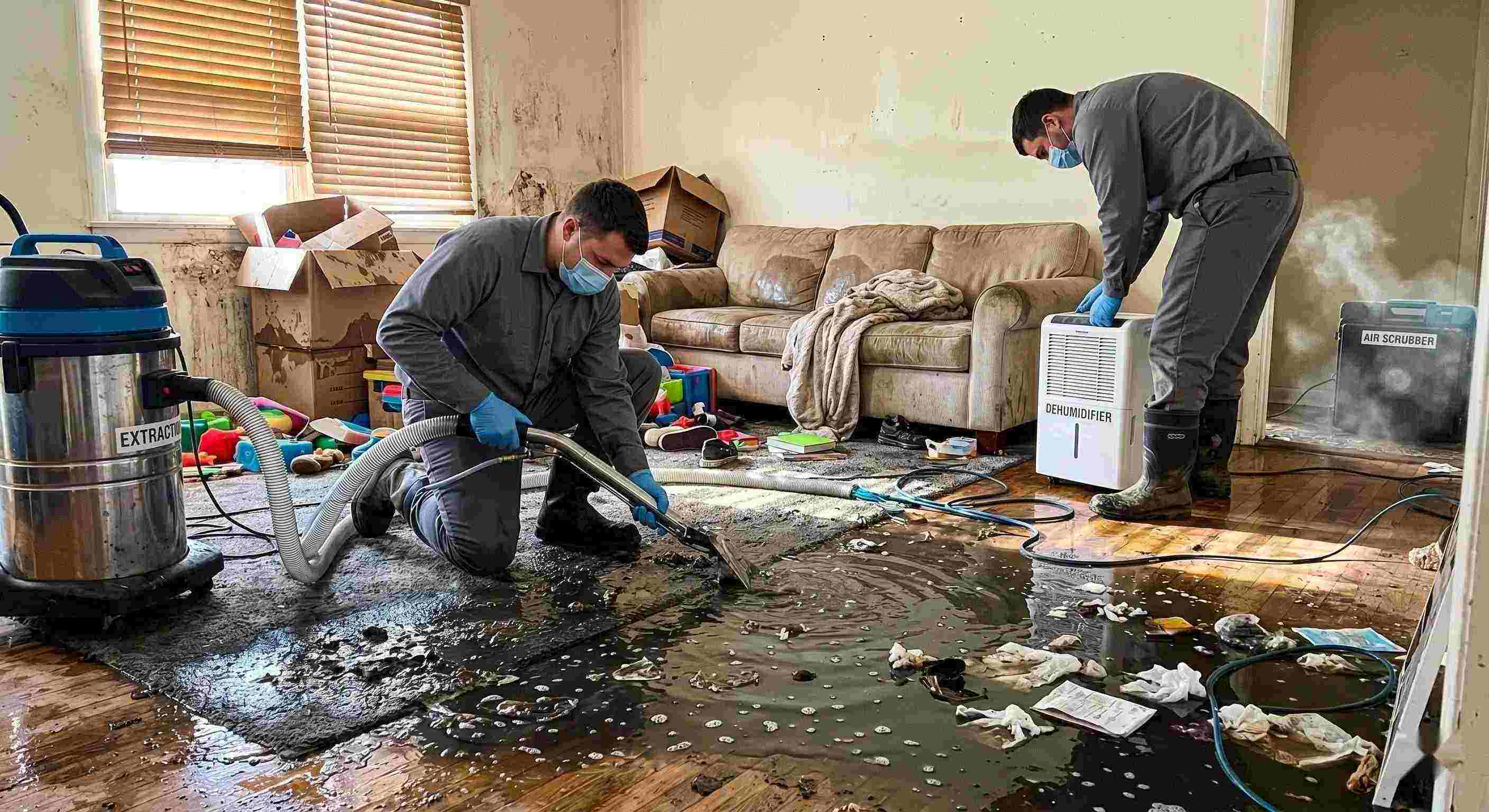 Realistic image of a residential sewage backup cleanup in progress, with technicians removing contaminated water and using drying equipment in a home in Cincinnati.