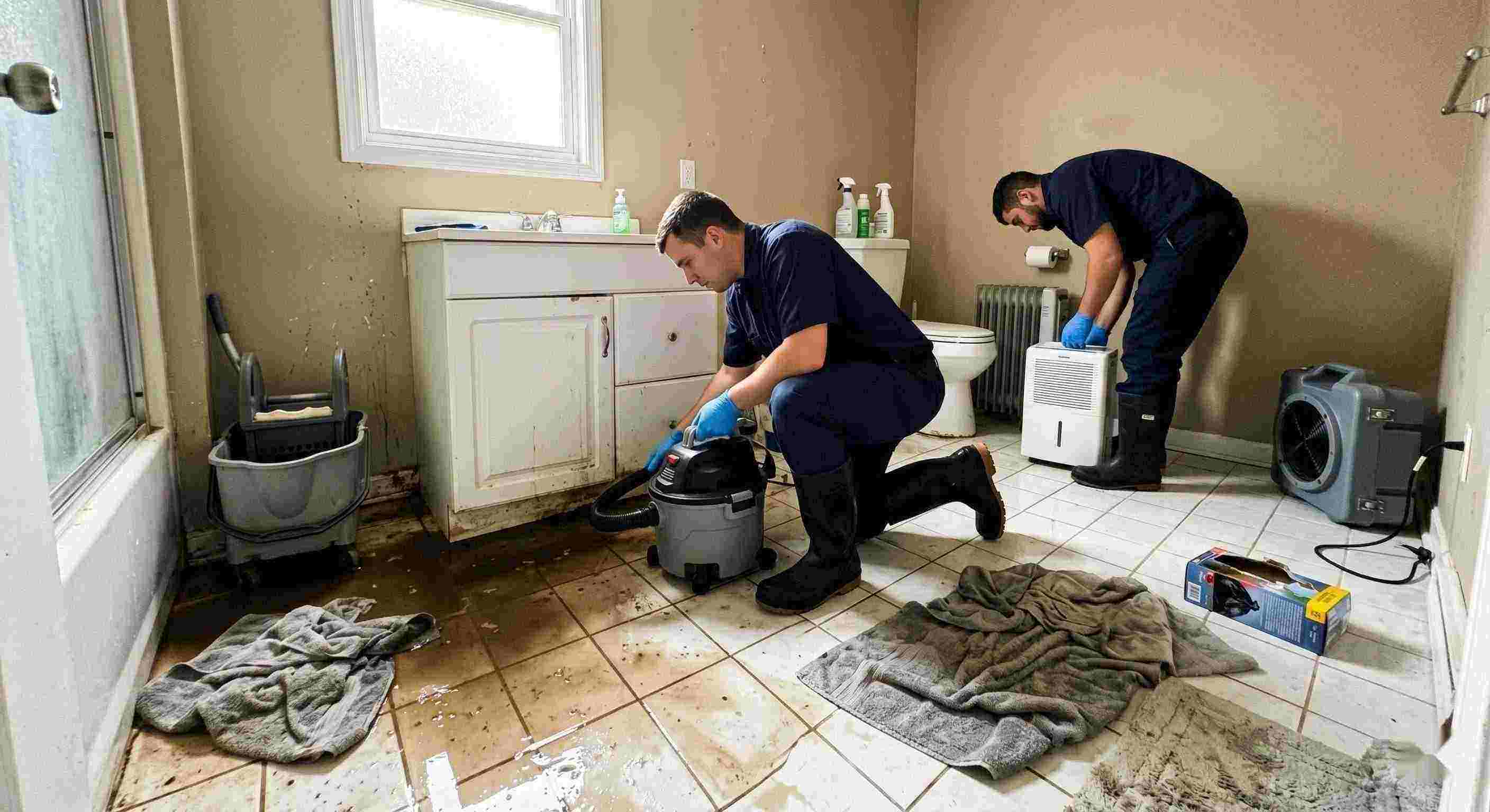 Realistic sewage backup cleanup in a home bathroom, technician extracting contaminated water during emergency sewage cleanup in Cincinnati