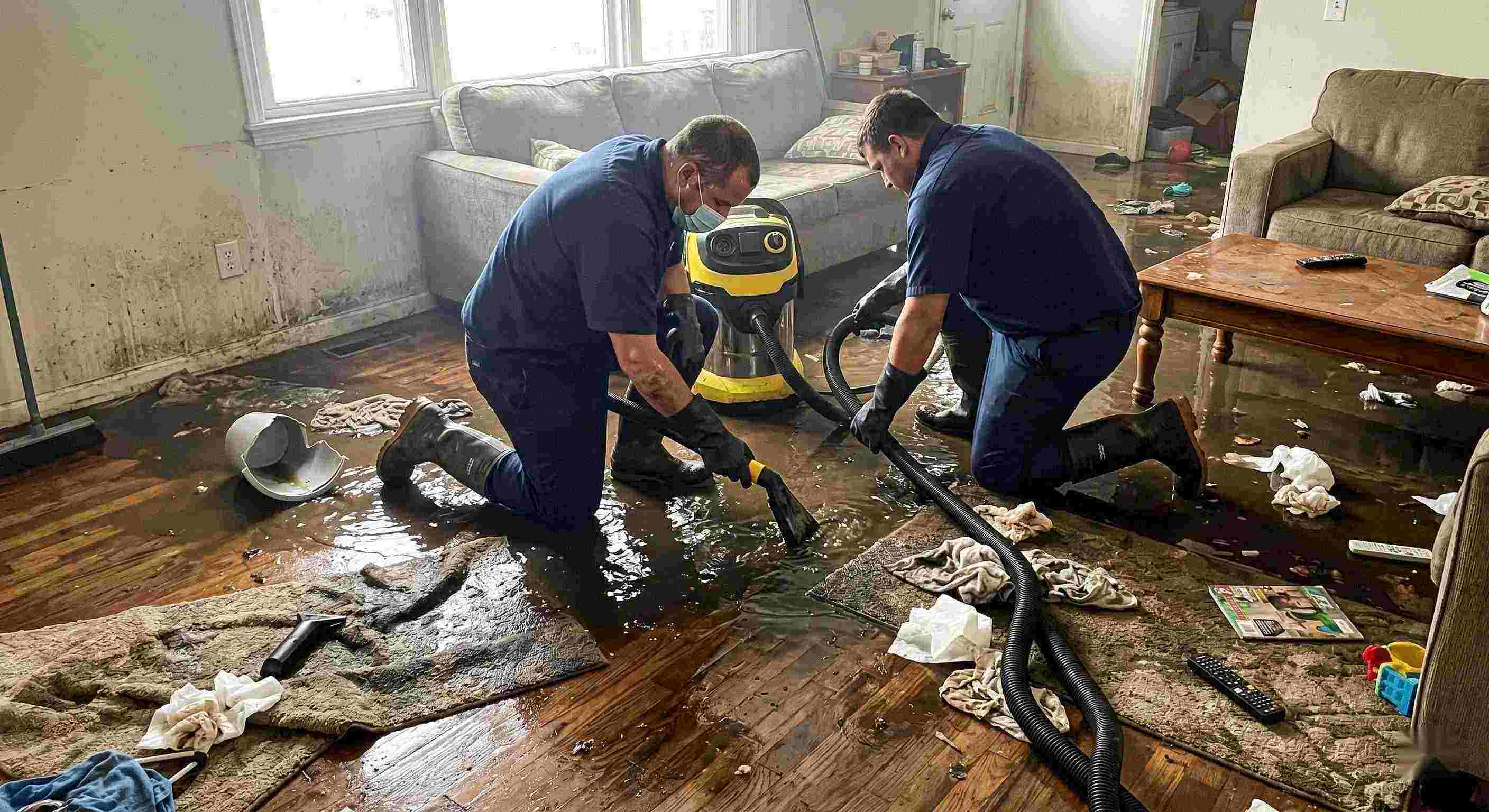 Realistic scene of sewage backup cleanup in a home showing technicians removing contaminated water in Cincinnati.