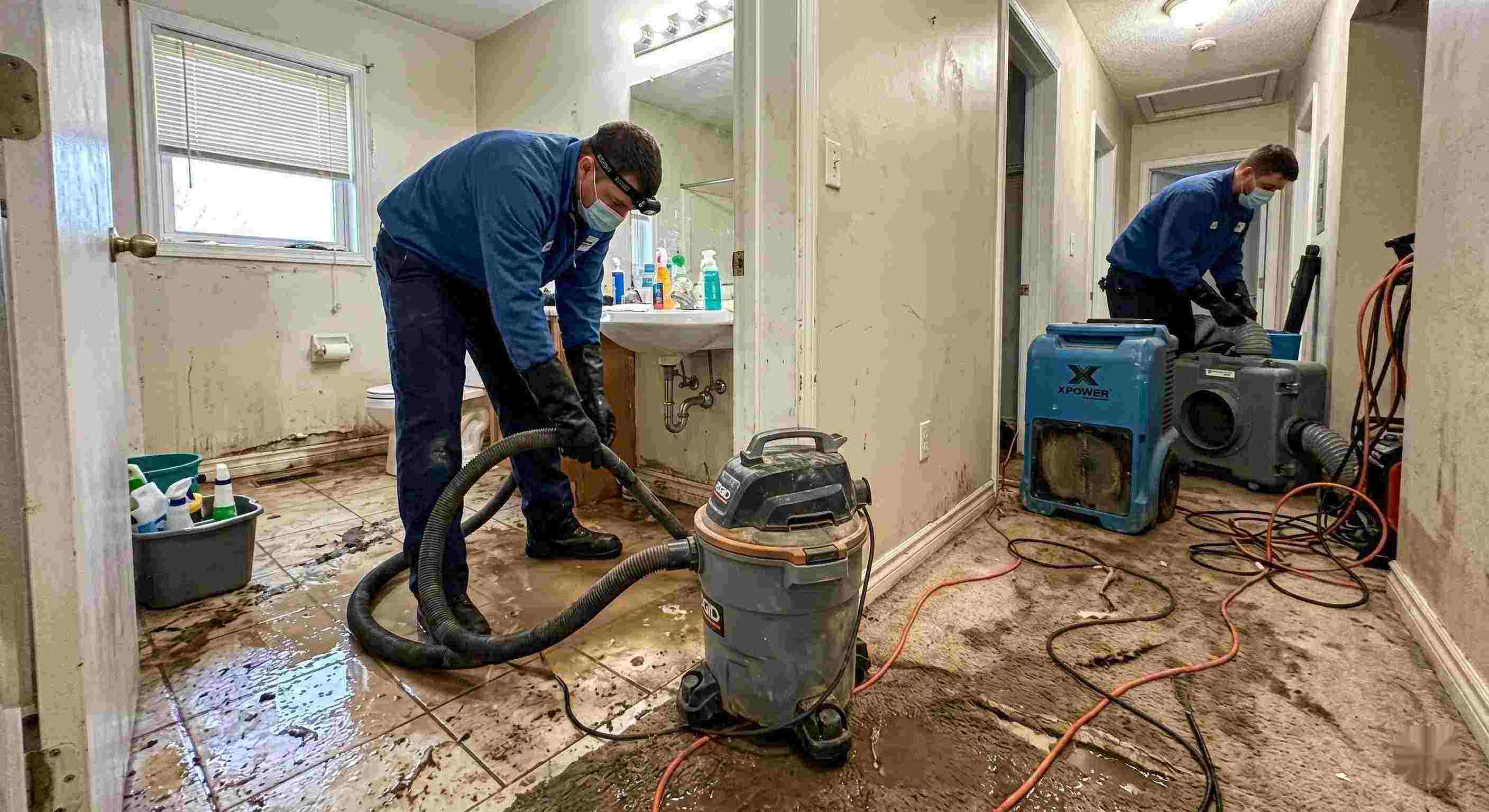 Sewage backup cleanup in a home with technicians removing contaminated water and drying surfaces in Cincinnati