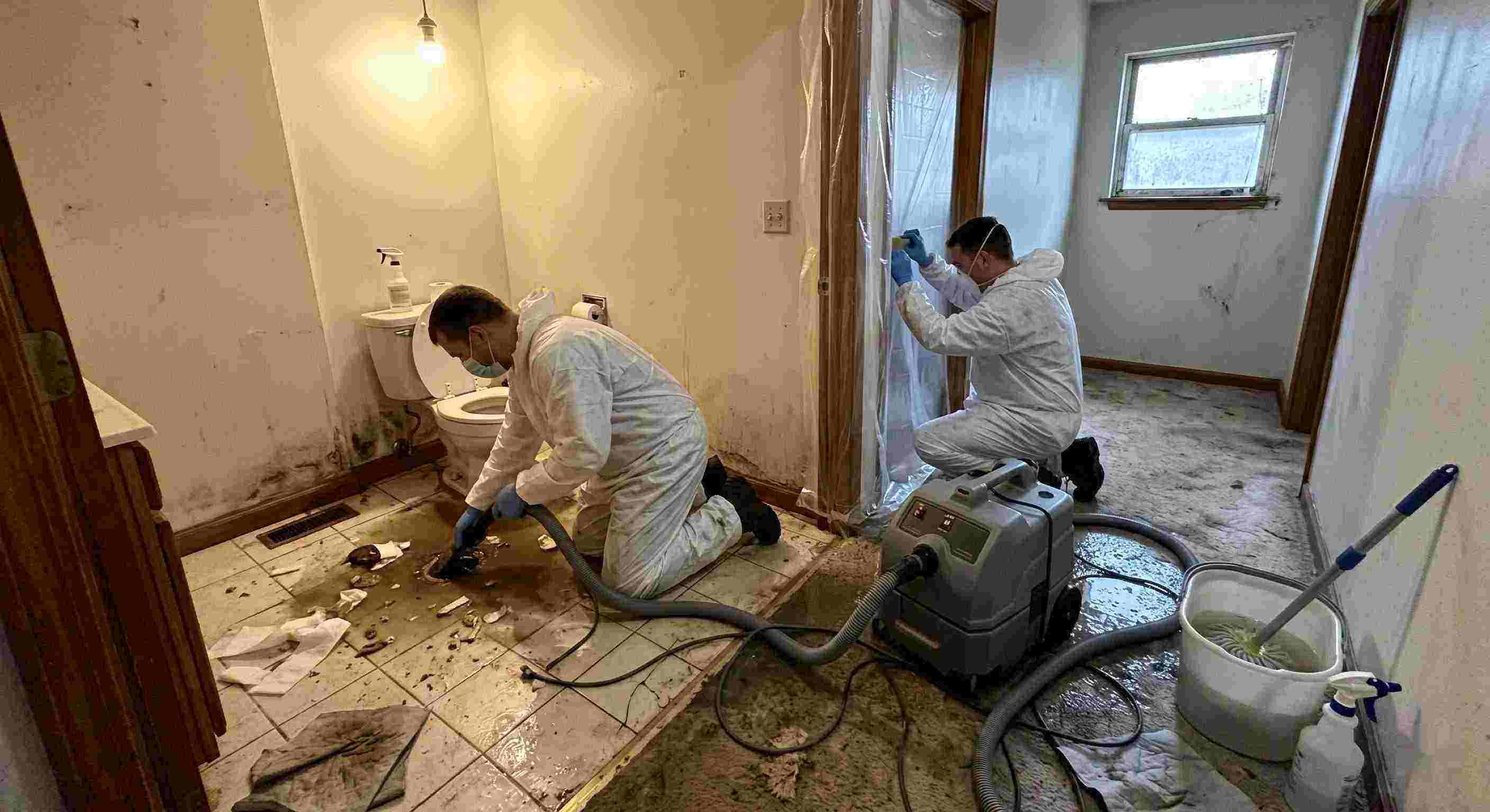 Trusted sewage backup cleanup technicians removing contaminated water inside home in Fairfield