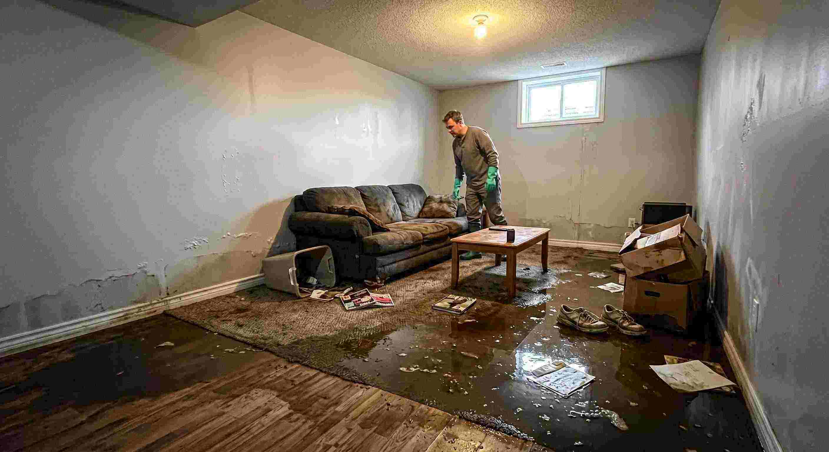 severe sewage backup damage spreading across basement floors and walls in Cincinnati home
