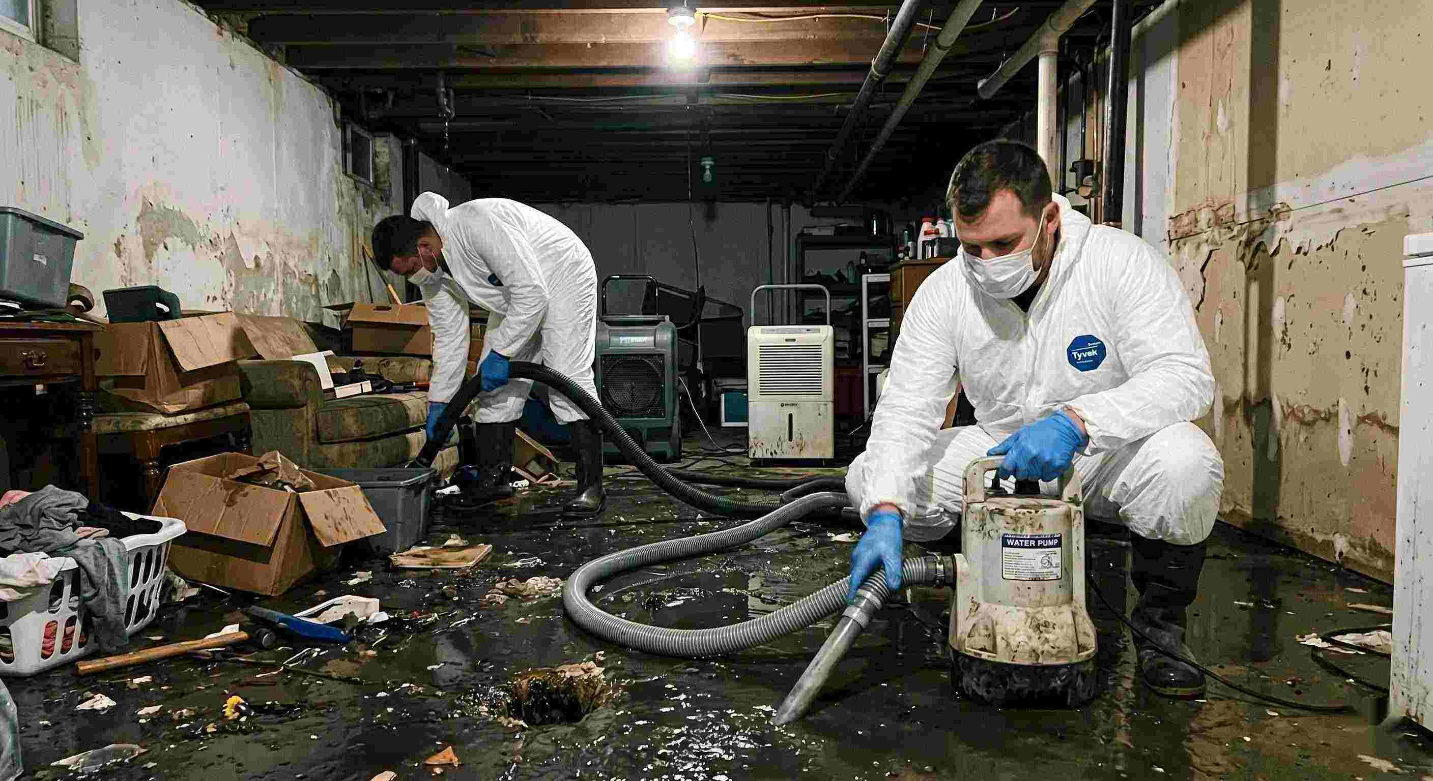sewer backup cleanup technicians removing contaminated water from flooded basement in Cincinnati