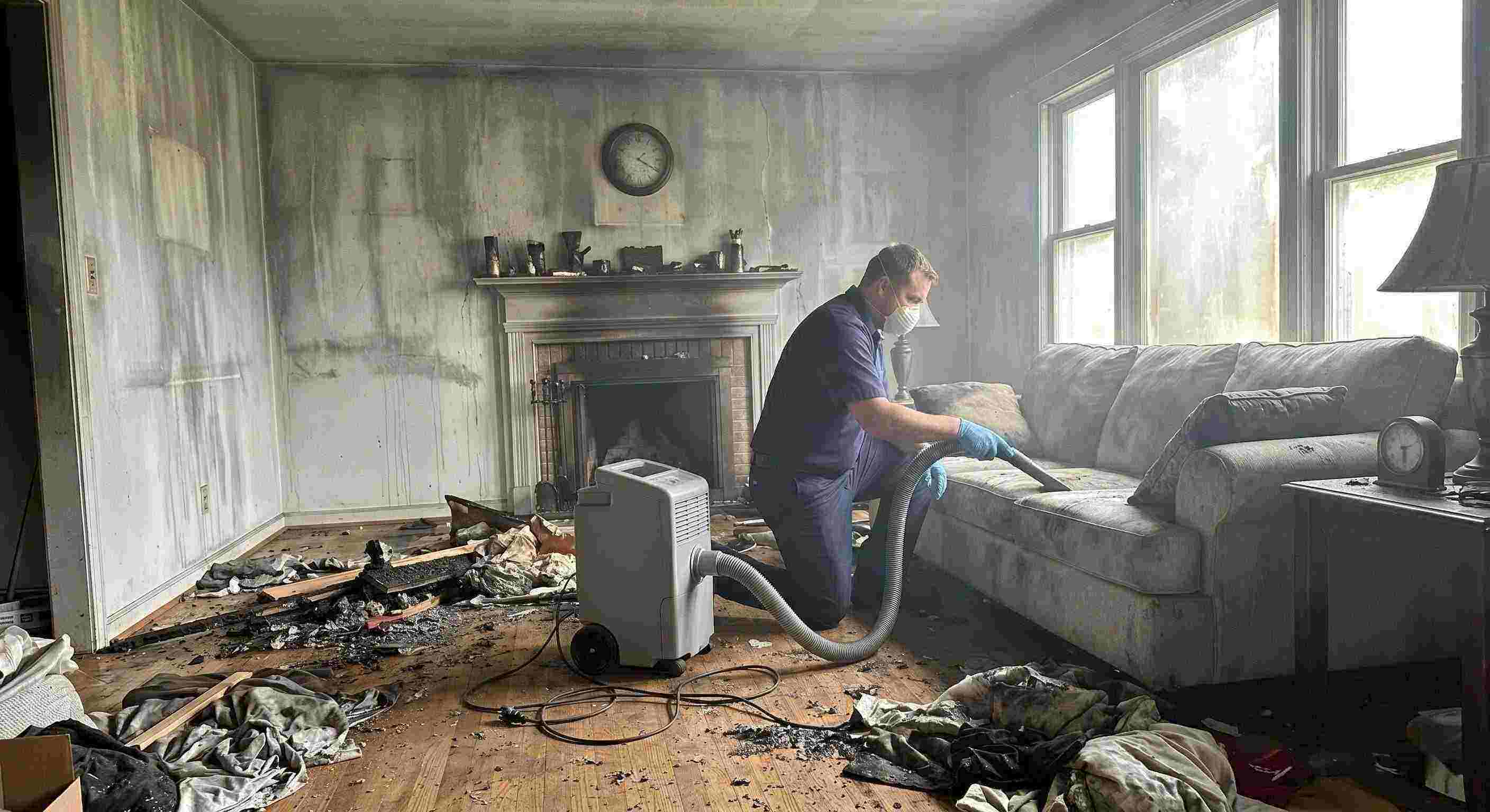 Top-rated realistic post-fire smoke damage removal in a home with soot-covered walls and debris being cleaned by a technician in Kettering.