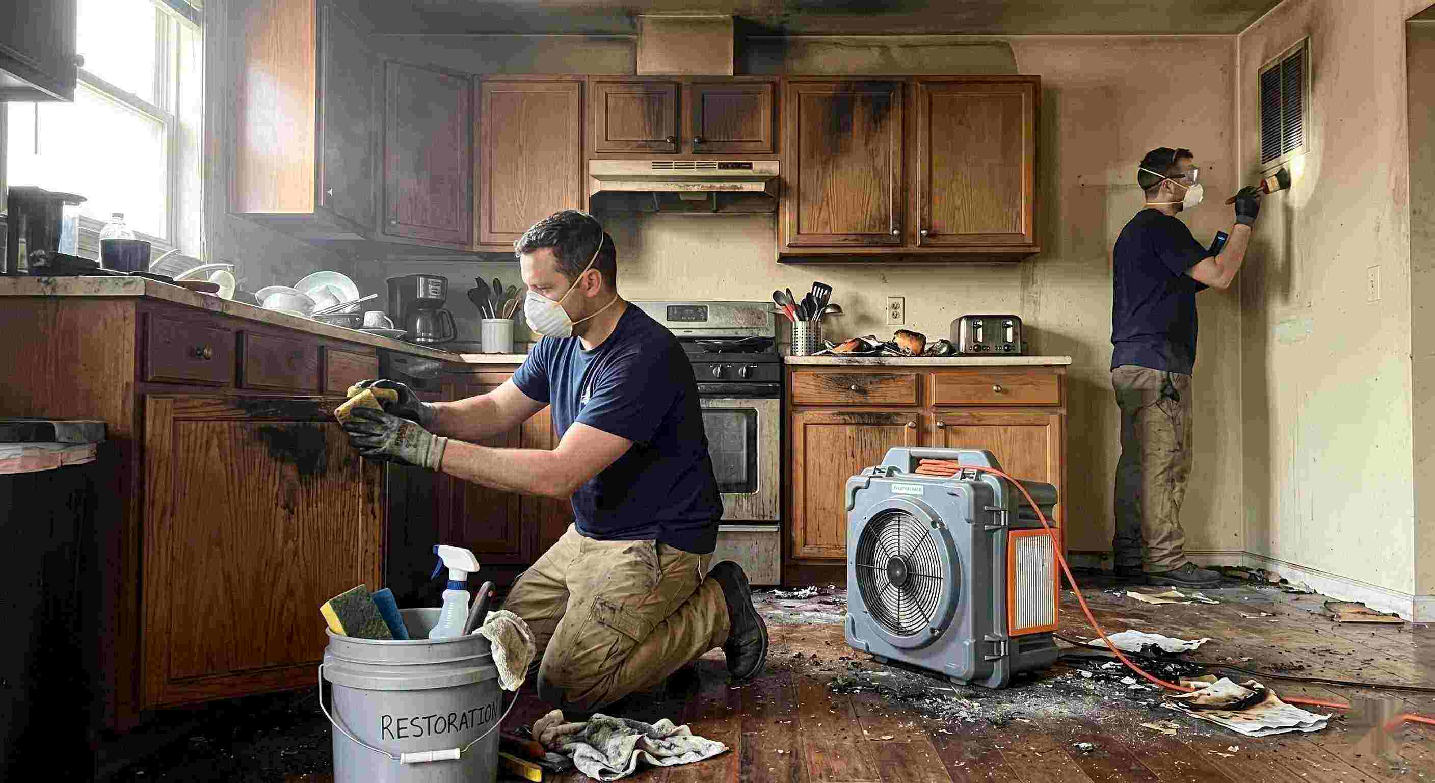 Best technicians performing smoke damage removal in a home in Kettering after a kitchen fire, cleaning soot and restoring indoor air quality.