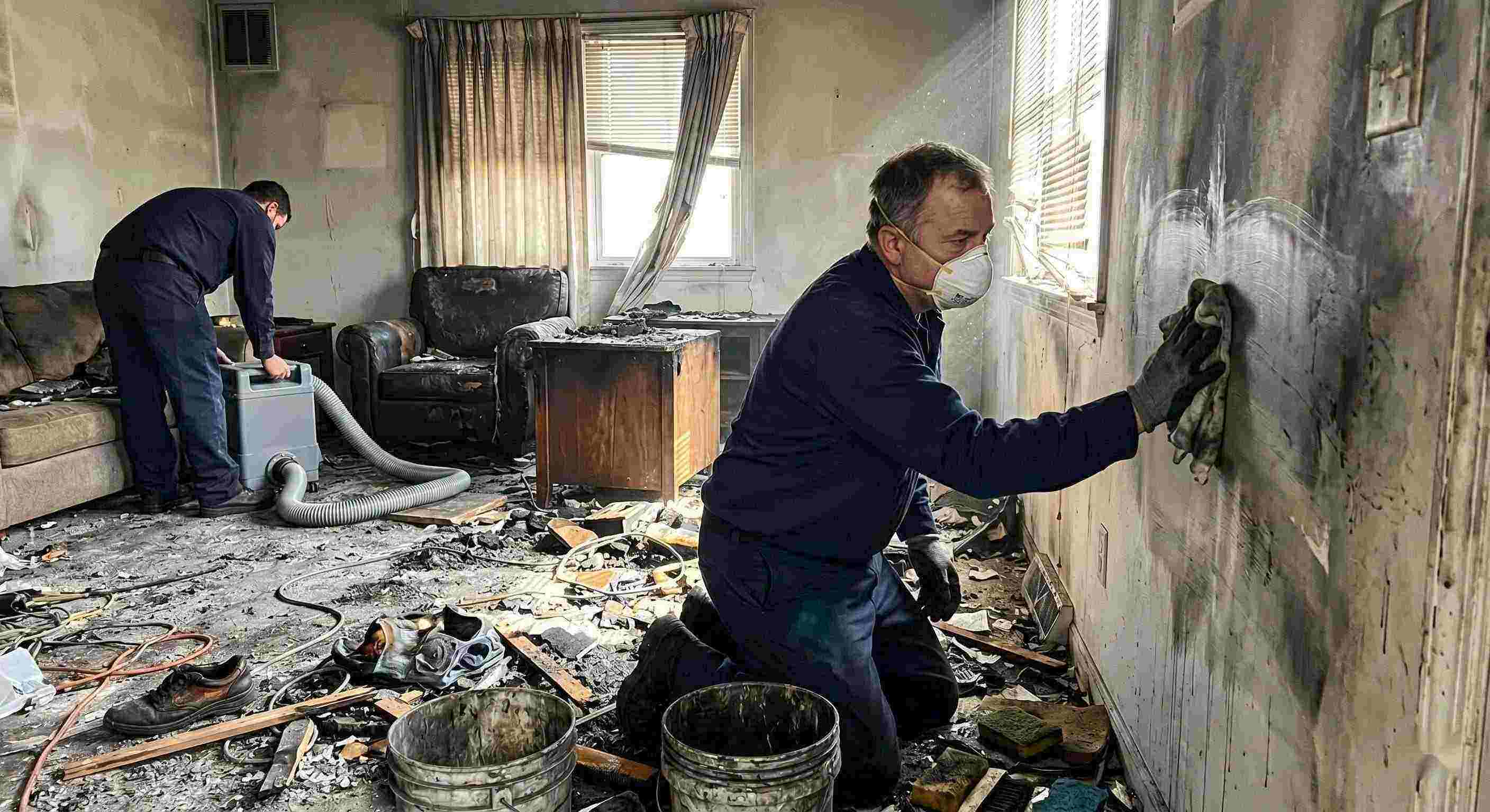 Professional technician performing soot removal in a fire-damaged home in Kettering, carefully cleaning walls and surfaces covered in smoke residue and ash